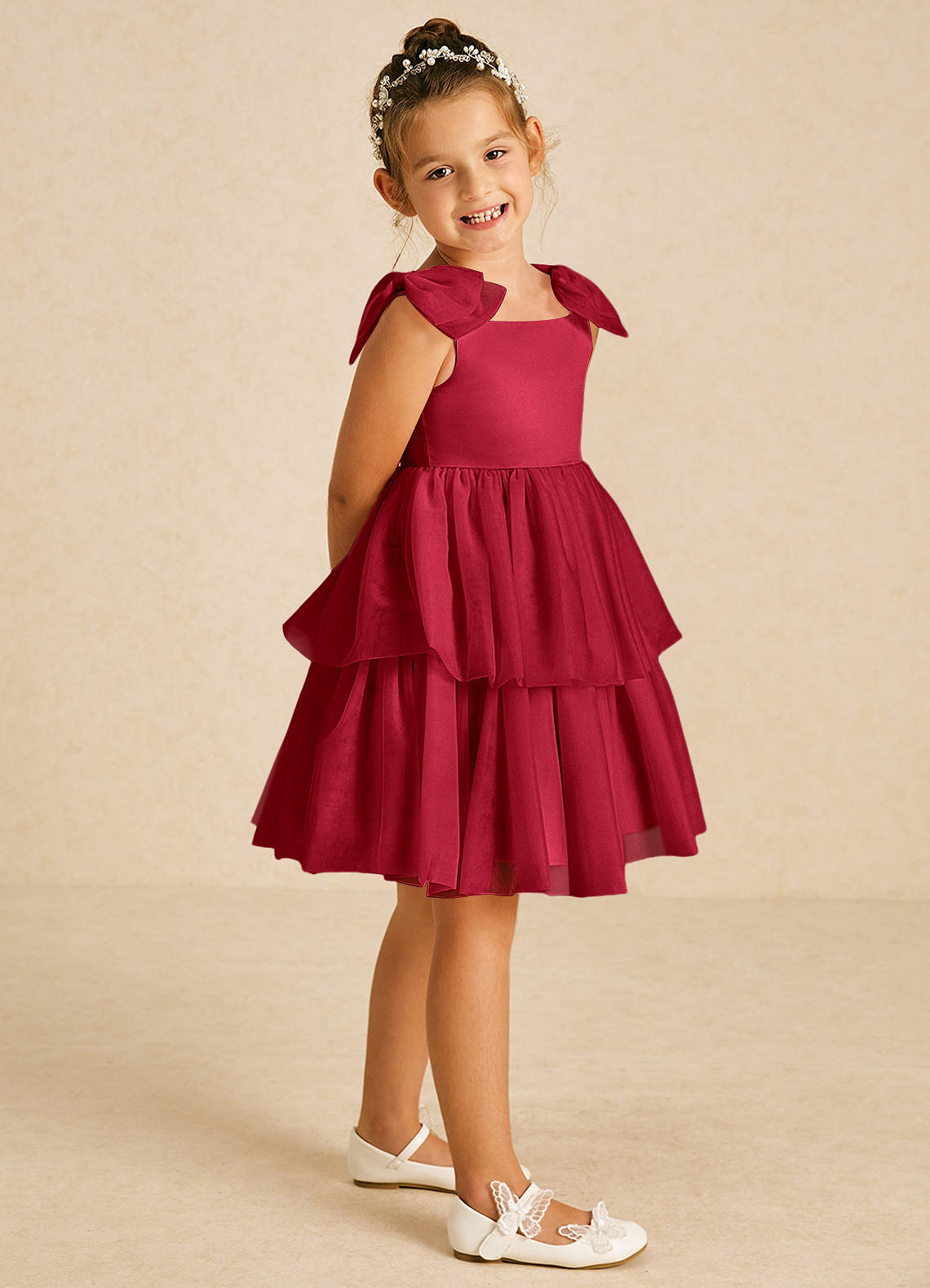 Azazie Vanellope Flower Girl Dresses Scarlet A-Line Bow Tulle Dress image1