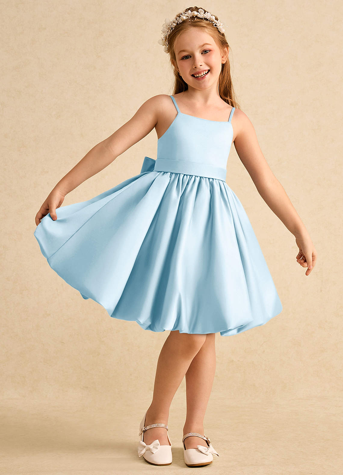 Azazie Davine Flower Girl Dresses Sky Blue A-Line Spaghetti Strap Matte Satin Dress image1