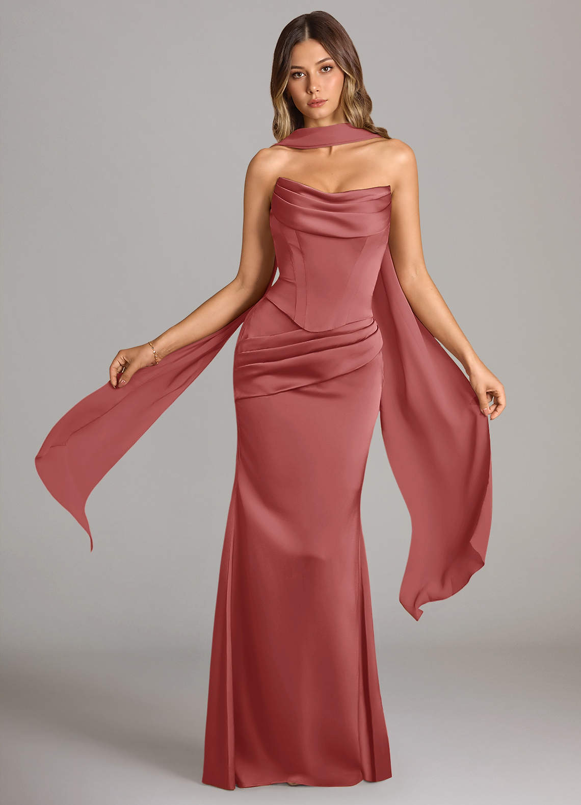 pink bridesmaid dress with scarf Aje Soundscape Maxi Gown Chalk Pink – shortandsweethire main image 0