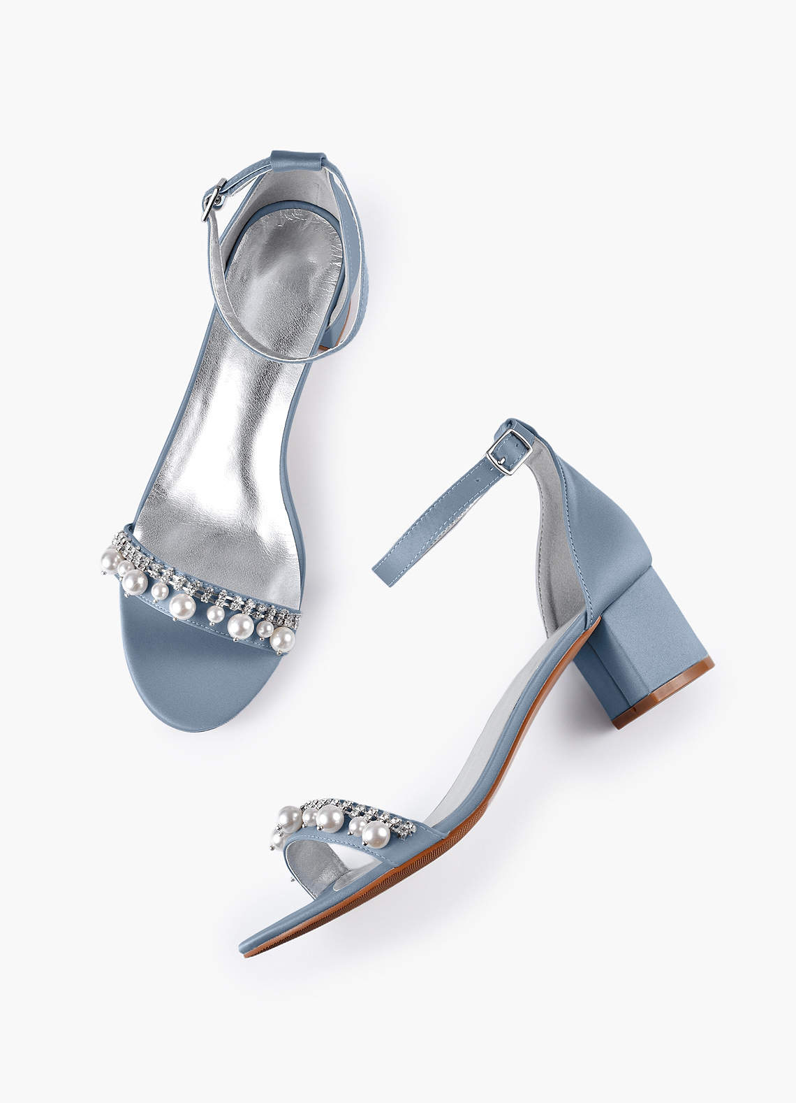 front Matching Color Matte Satin Pearl and Rhinestone Block Heel Sandals