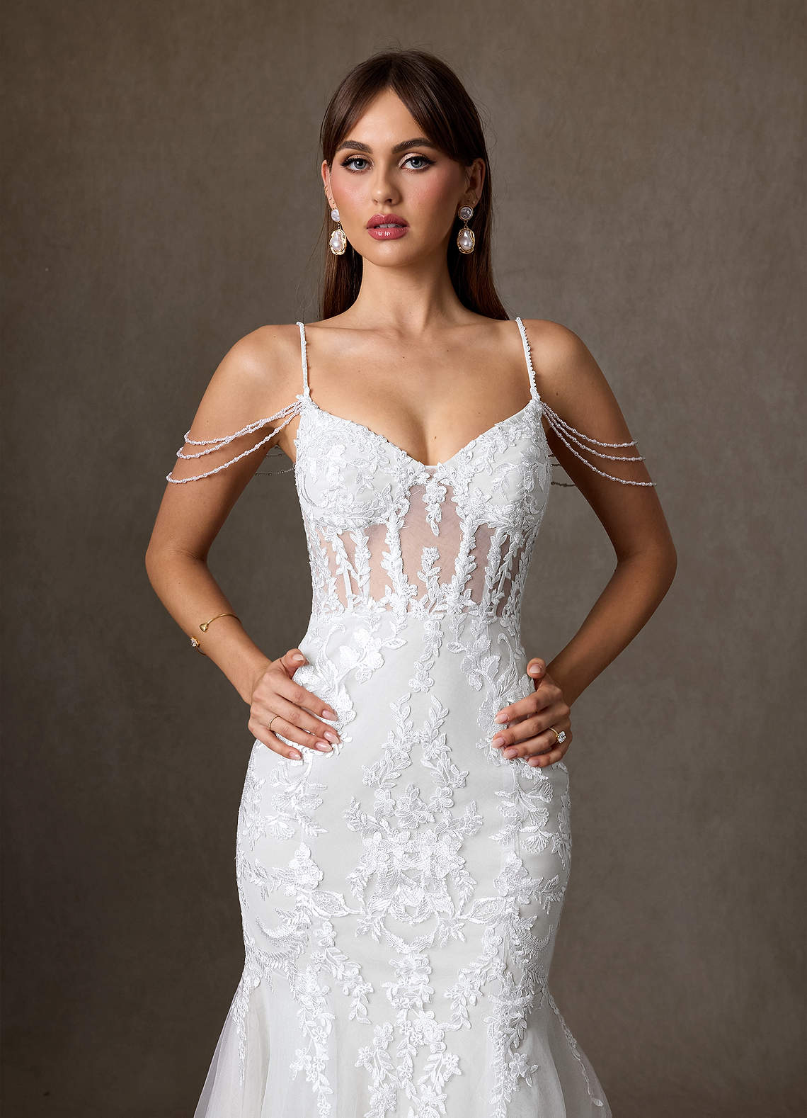 Azazie Denise Vestidos de noiva Vestido Diamante Branco de Tule de sereia com Lantejoulas image5