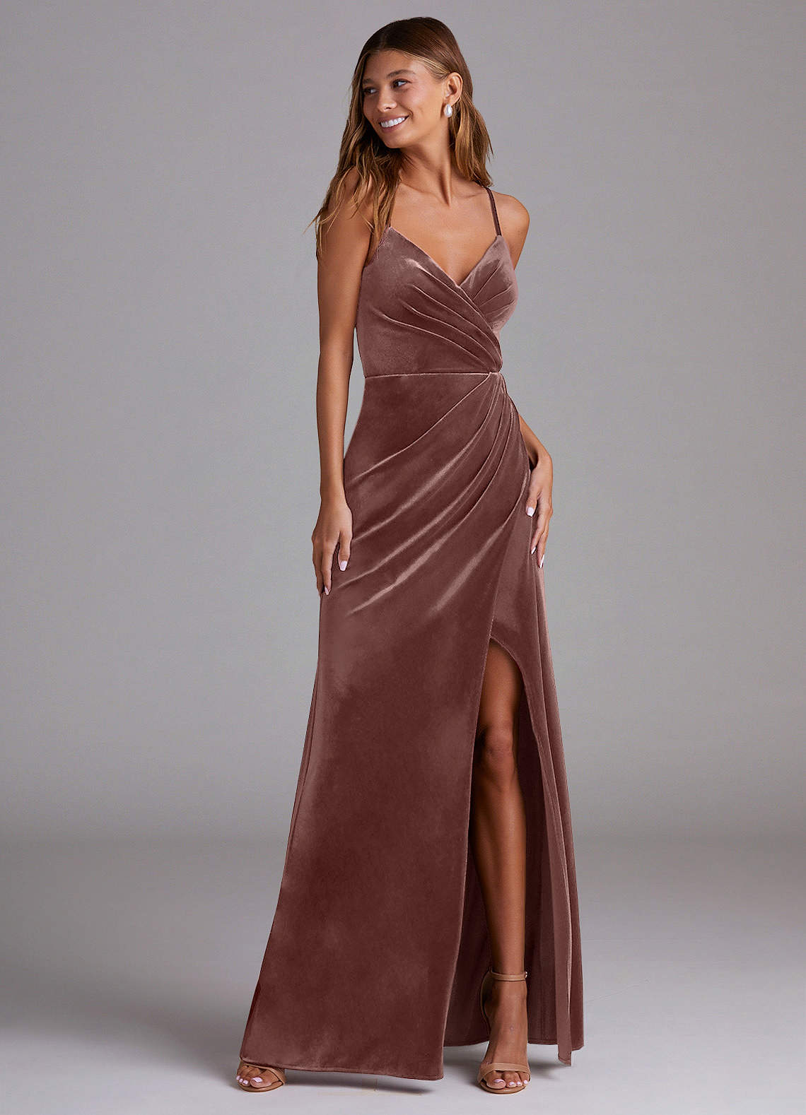 Azazie Maci Bridesmaid Dresses Espresso Sheath Pleated Velvet Dress image1