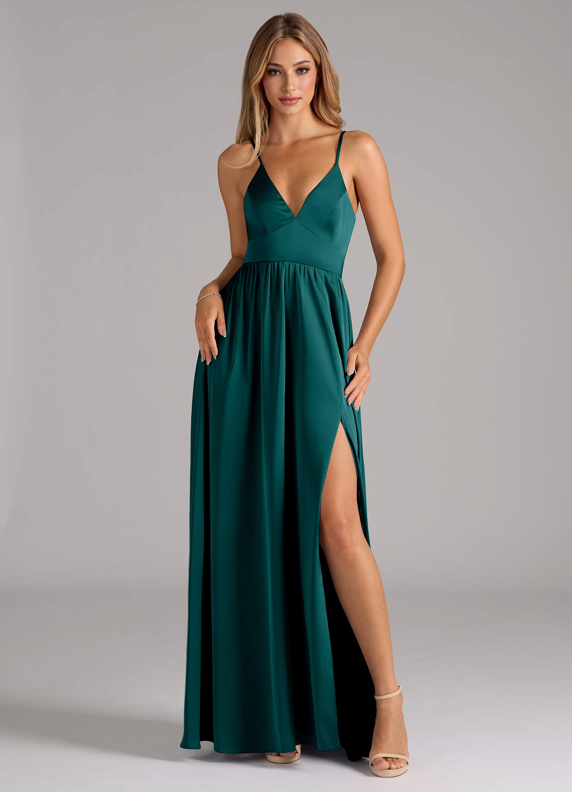 Azazie Aaida Brautjungfernkleider A-Linie Korsett Stretch-Satin Kleid Pfau image1