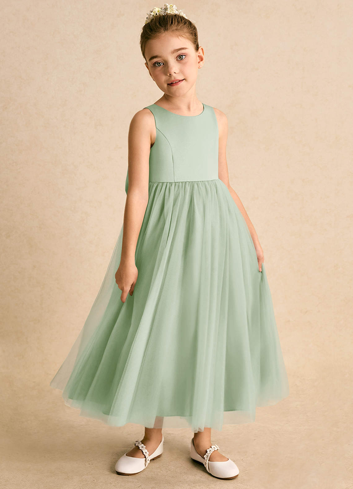 Azazie Solia Robe Demoiselle D'honneur Fillette Robe Princesse en Tulle Arc Vert Sauge image3