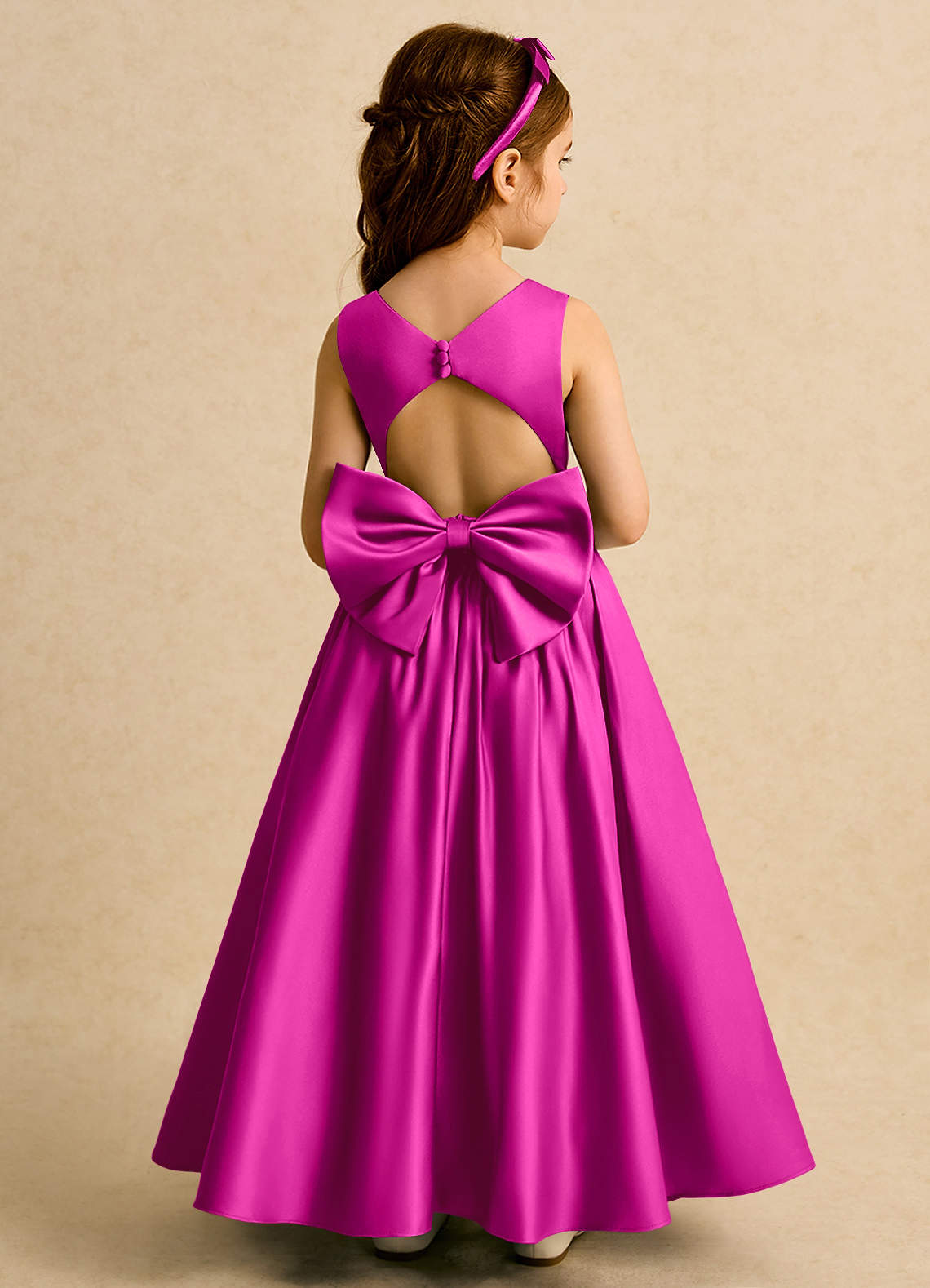 Azazie Nellia vestidos de niña de las flores Vestido de Fucsia de Satin Mate de Corte En A con Lazo image1
