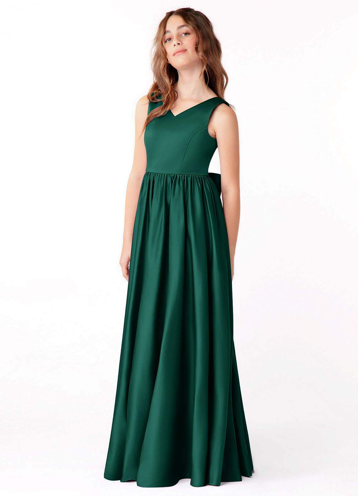 Azazie Hathaway Junior Emerald A-Line Bow Stretch Satin Dress image3