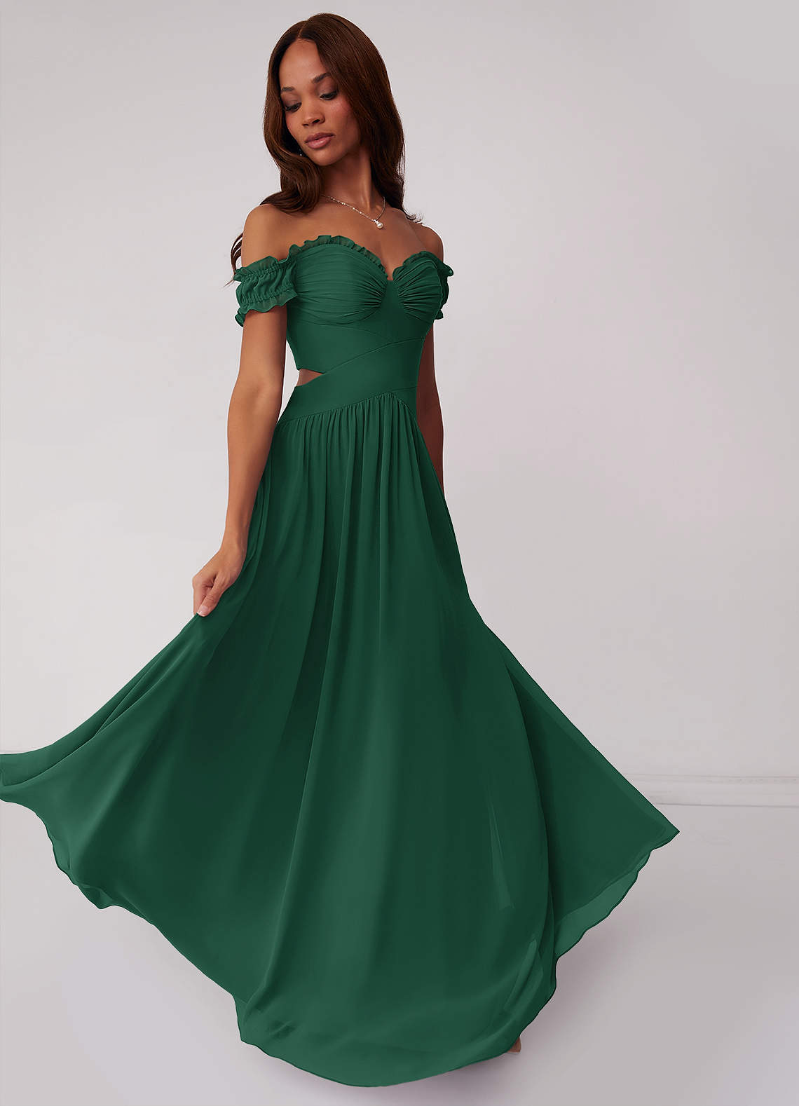Dark Green A-Line Chiffon Ruffled Long Bridesmaid Dress with Hollow Out