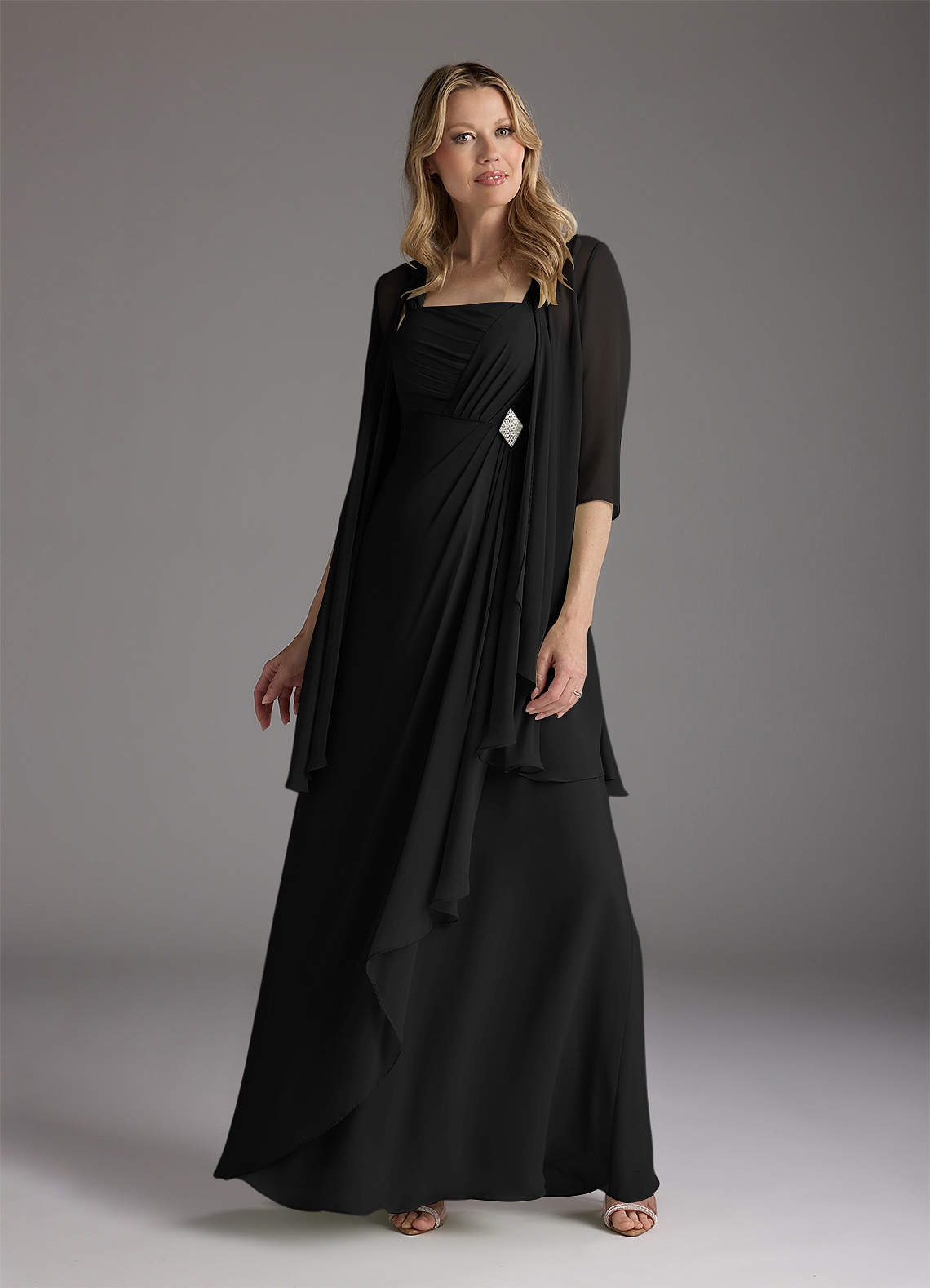 Azazie Weisz Black A-Line Square Neckline Pleated Chiffon Dress