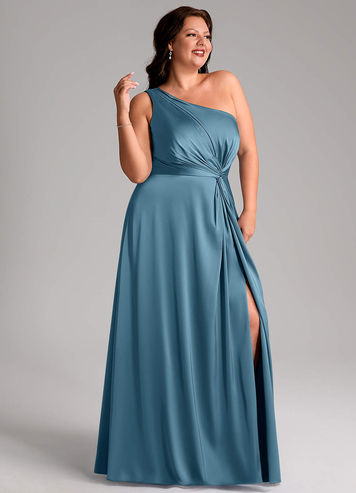 Azazie Brooke Bridesmaid Dresses Bermuda A-Line One Shoulder Stretch Satin Dress image10