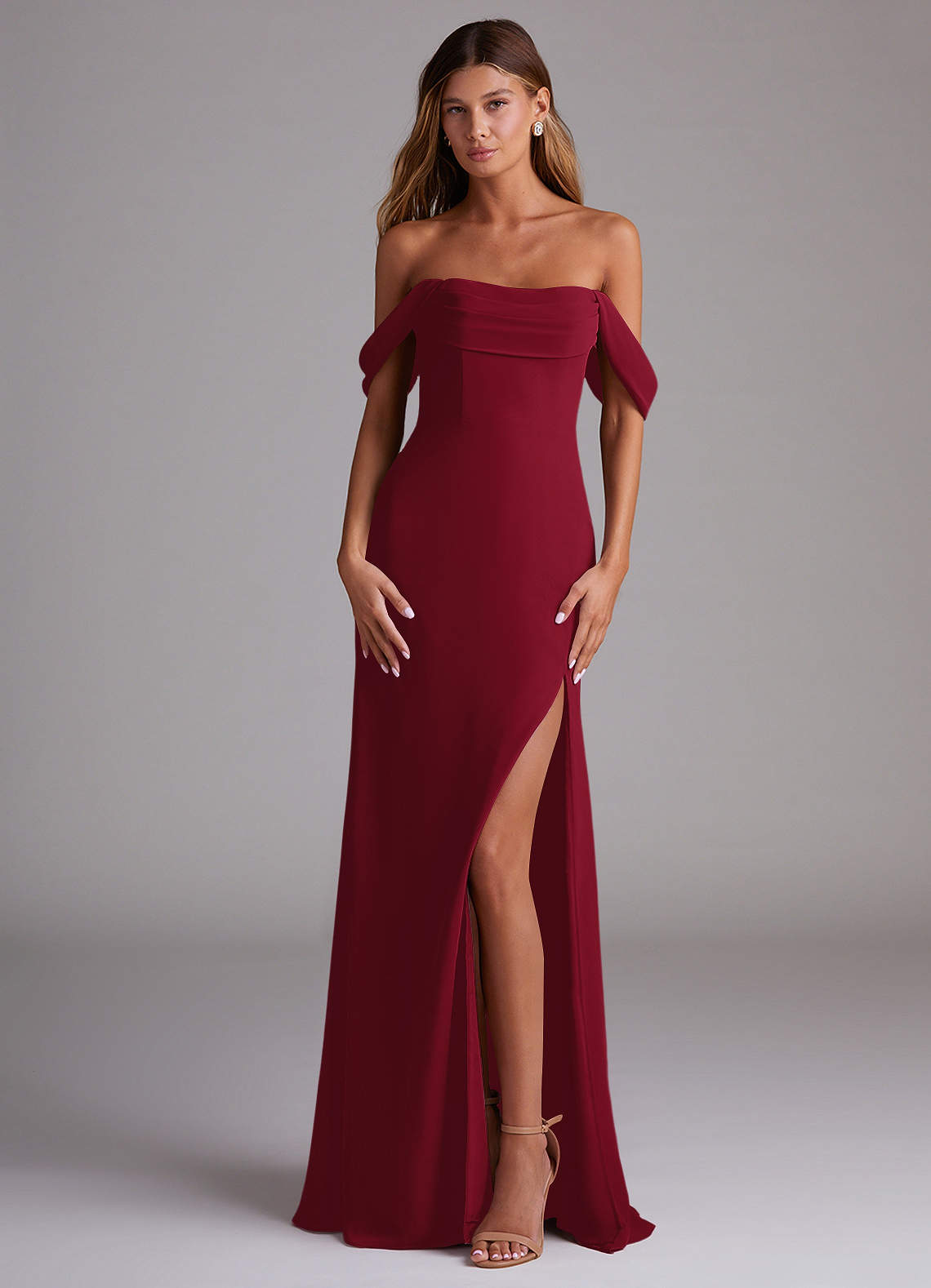Azazie Saige Bridesmaid Dresses Burgundy A-Line Off the Shoulder Chiffon Convertible Dress image1