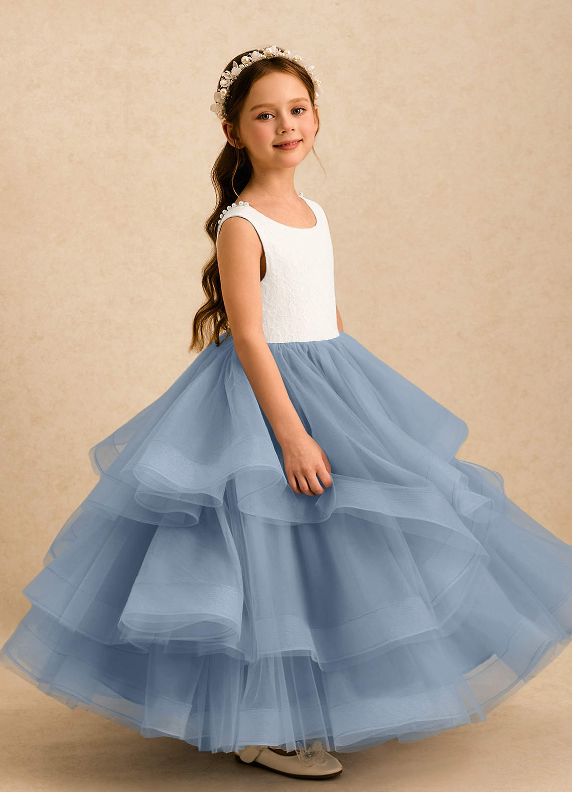 Azazie Madison Ivory Dusty Blue Ball-Gown Lace Tulle Dress | Azazie