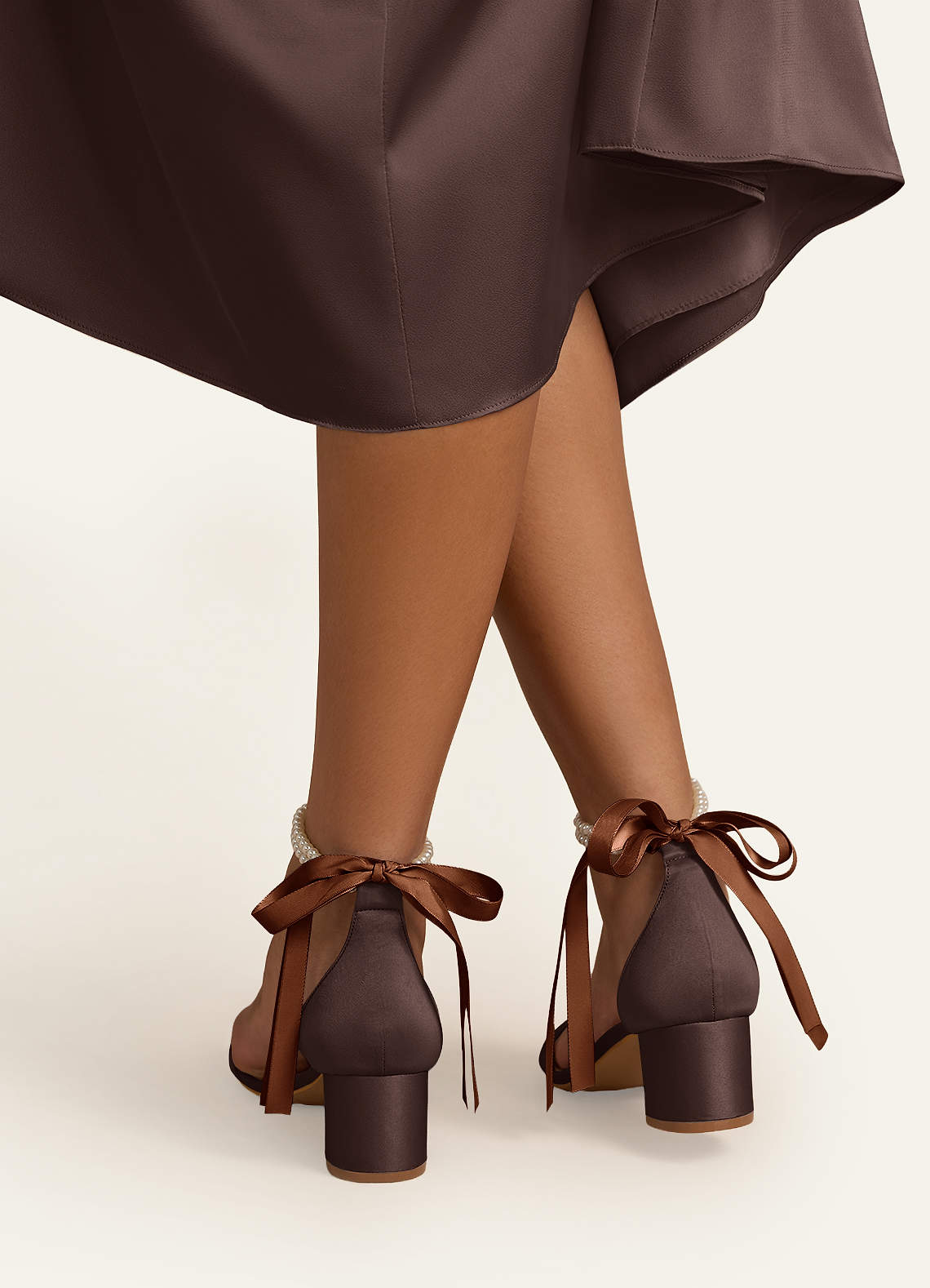 front Matching Color Matte Satin Pearl and Bow Open Toe Chunky Heel Sandals