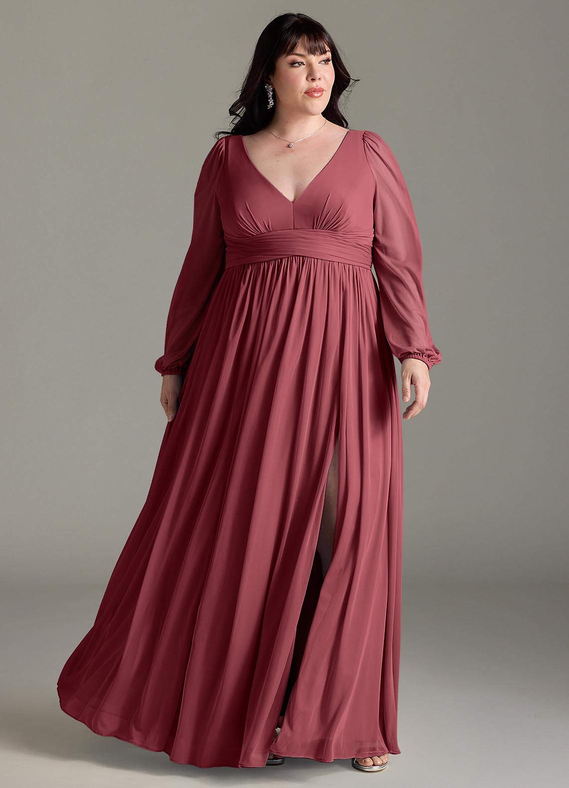 Azazie Norah Bridesmaid Dresses Merlot A-Line V-Neck Long Sleeve Chiffon Dress image1
