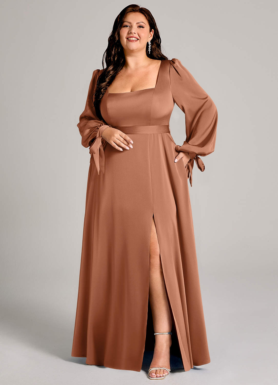 Azazie Leonia Bridesmaid Dresses Bronzer A-Line Long Sleeve Stretch Satin Dress image1