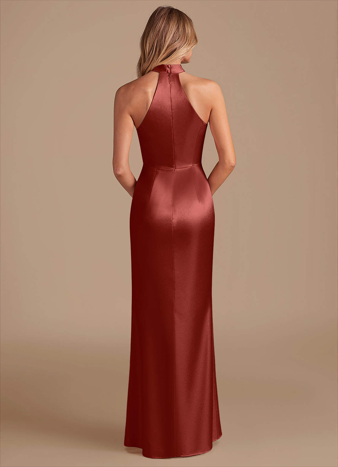 Azazie Karlotta Vestidos de madrinha de casamento Vestido Terracota de Cetim Metálico de Bainha com Plissado image1