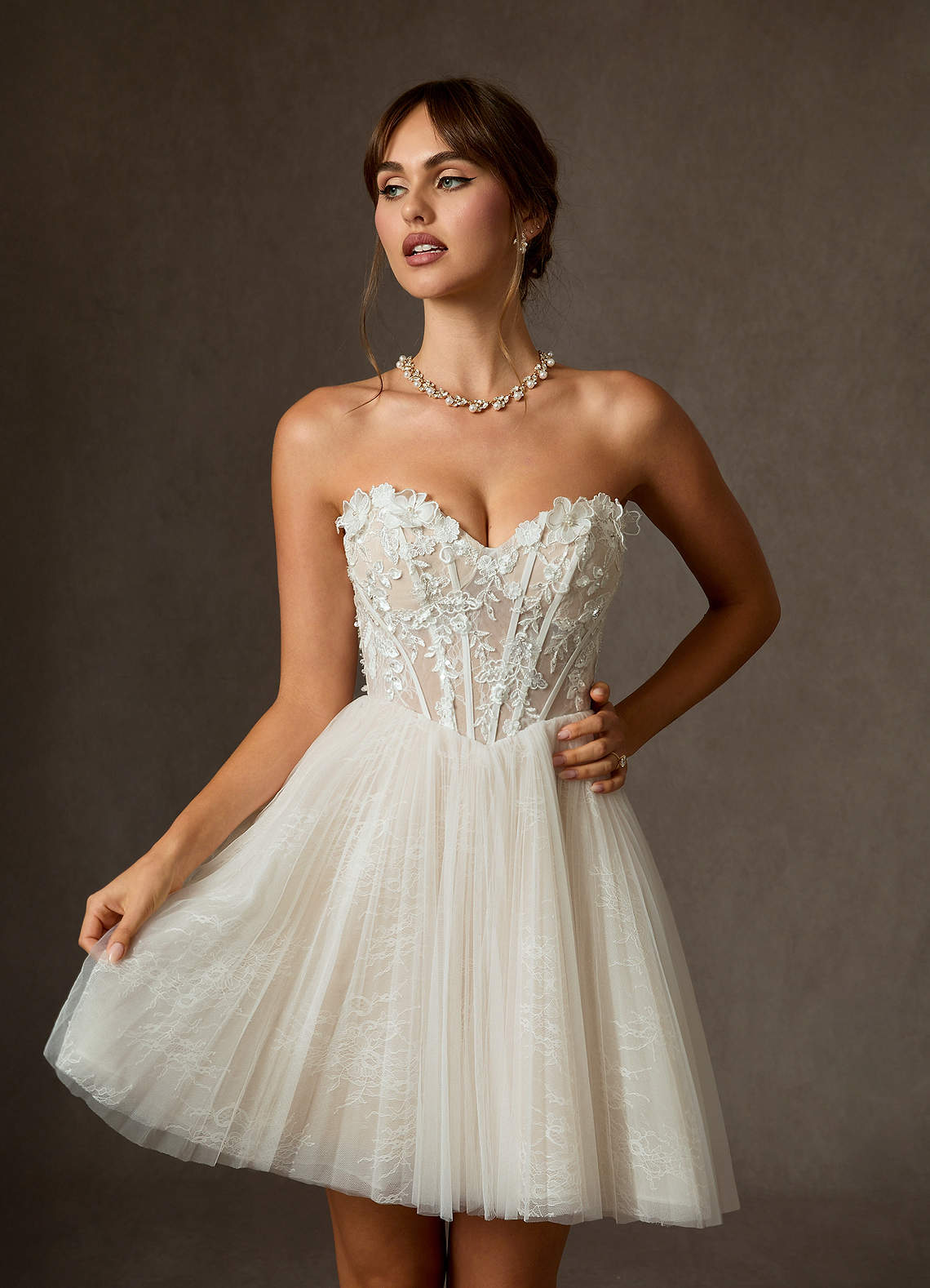 Azazie Sorel Trouwjurken Jurk van Kant met Baljurk Off the Shoulder Diamant Wit Champagne image8