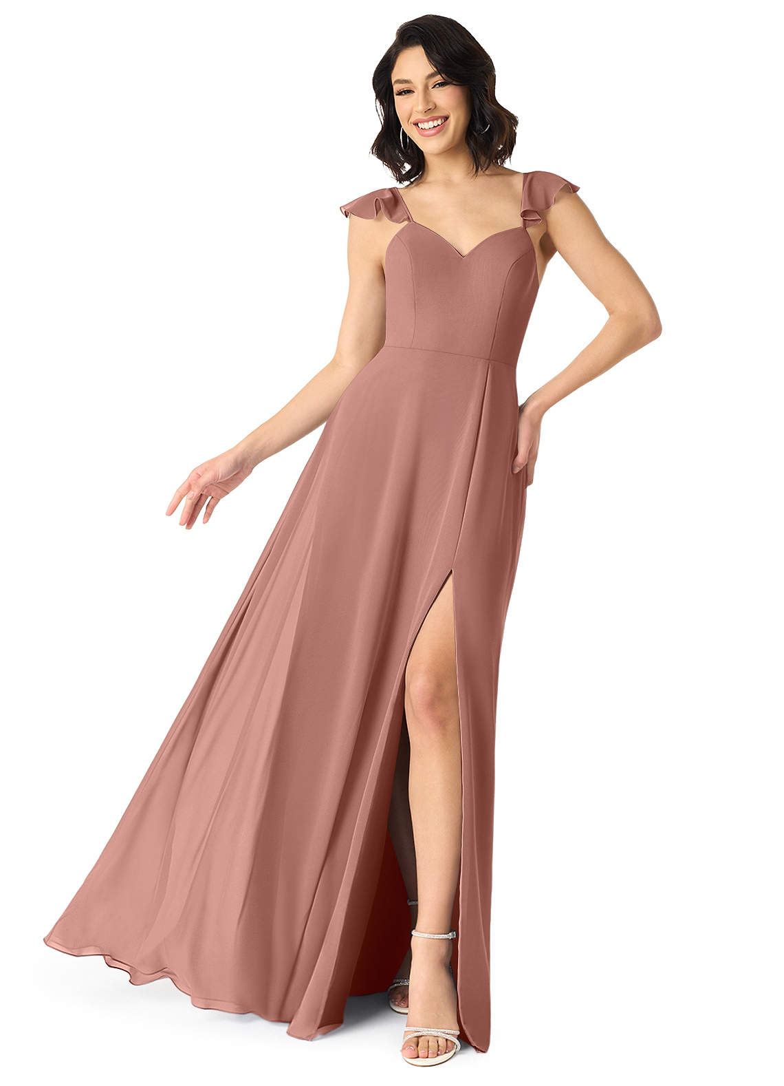 Azazie Everett Bridesmaid Dresses Cedar Rose A-Line V-neck Ruched Chiffon Dress image1