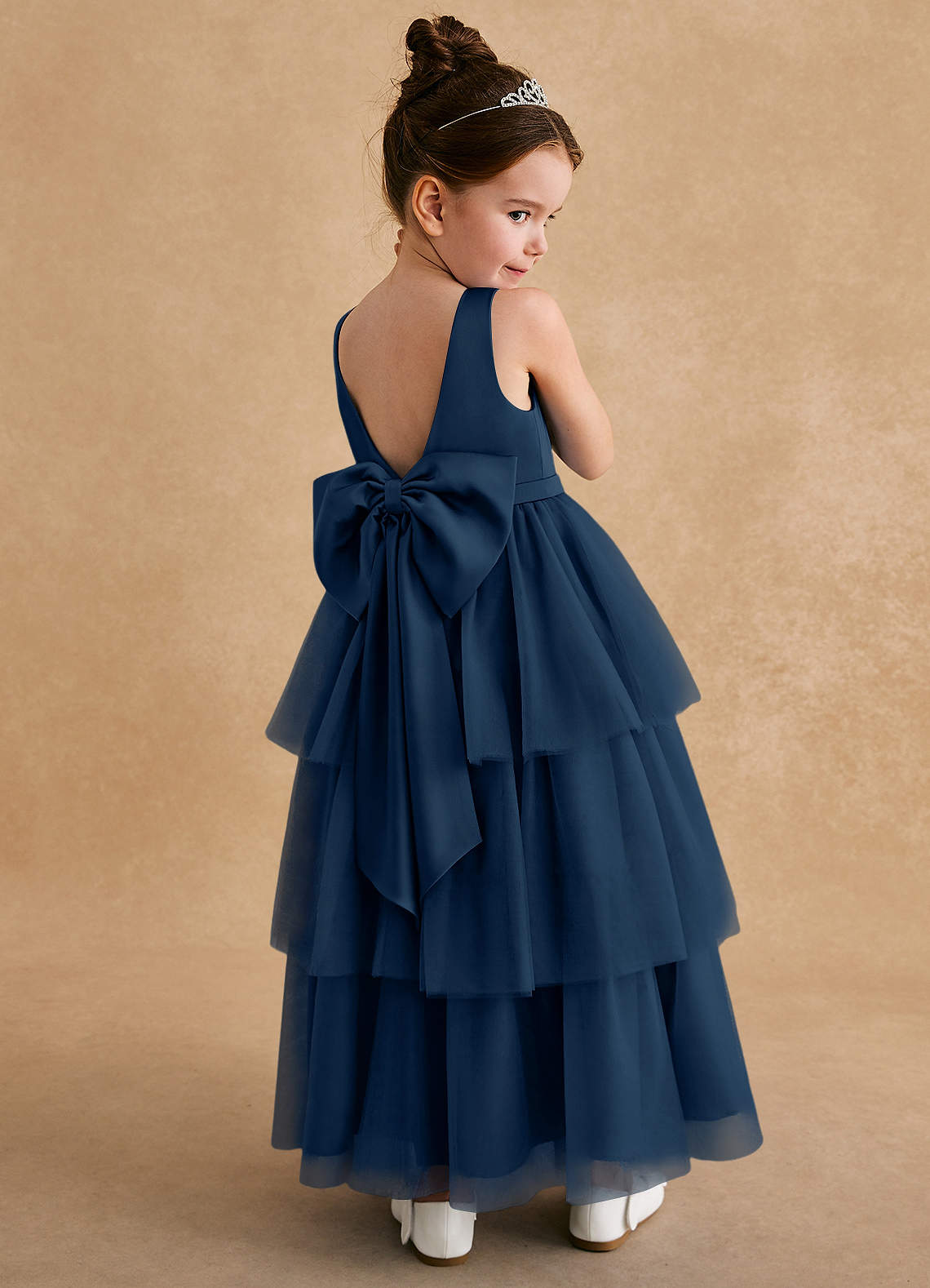 Azazie Megallie Blumenmädchenkleider A-Linie Schleifen Tüll Kleid Dunkelmarine image1