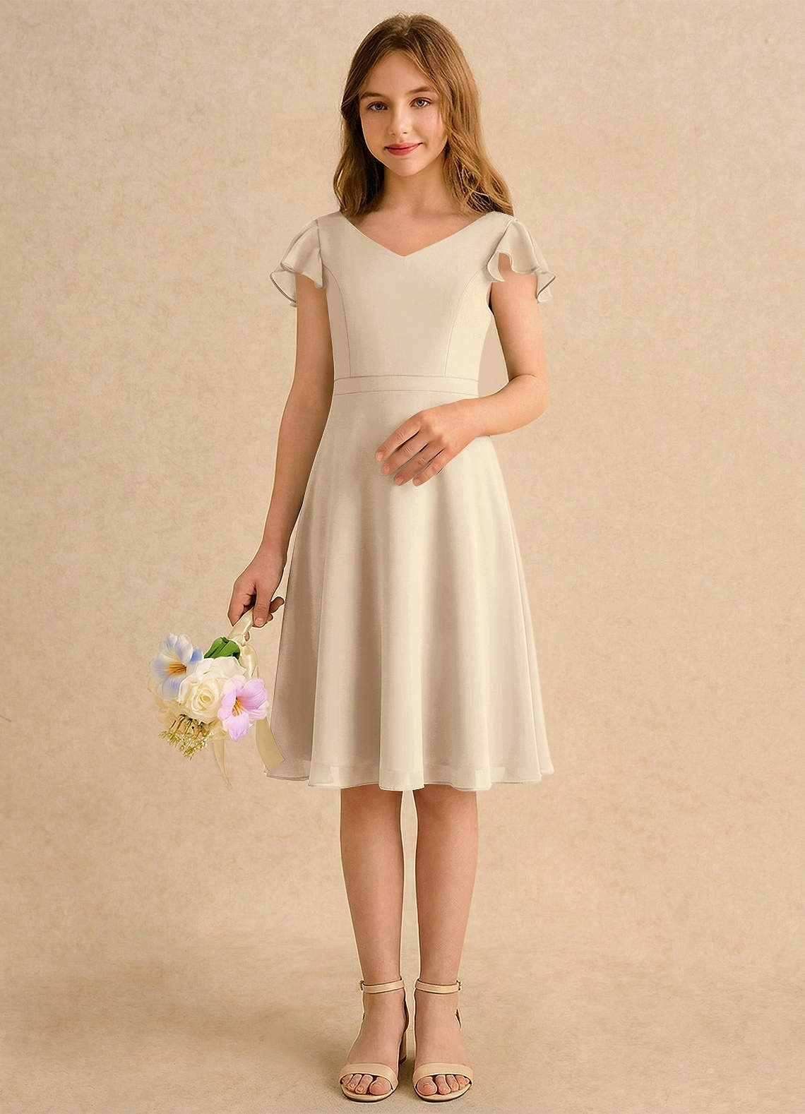 Azazie Narin Girls Formal Flower Girl Klänningar Klä A-Line i Chiffong med ärmar image2