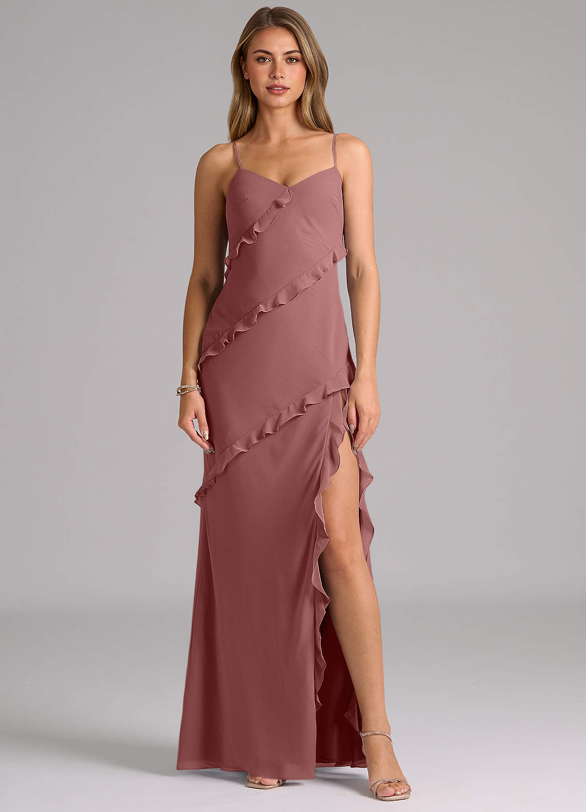 Azazie Nancie Robes de demoiselle d'honneur Robe Sirène en Mousseline de soie Rayé Rose Du Désert image1