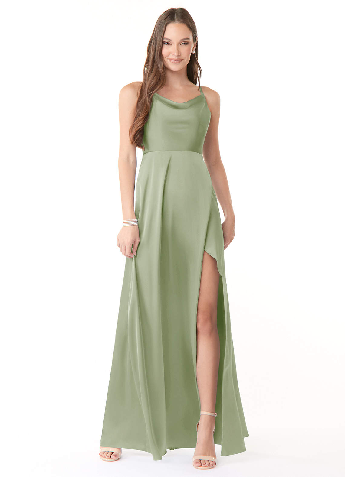 Azazie Naomie Bridesmaid Dresses Dusty Sage A-Line Cowl Neckline Side Slit Stretch Satin Dress image1