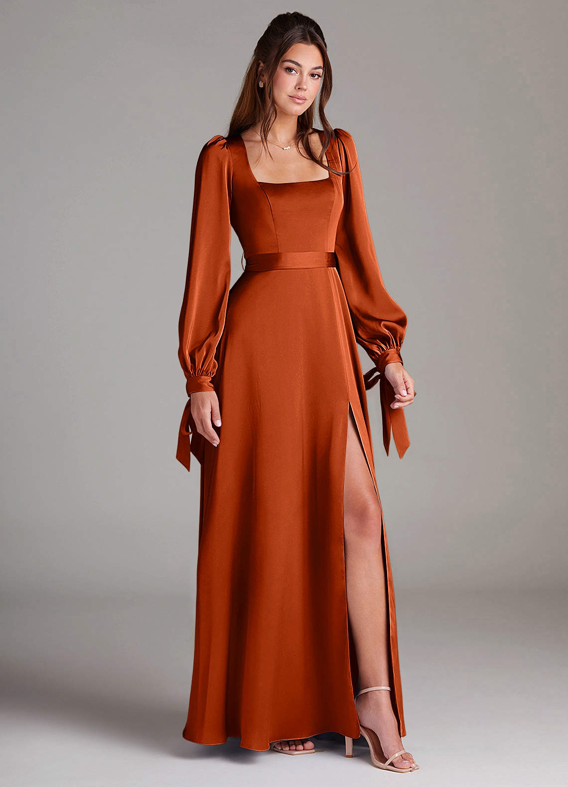 Azazie Leonia Bridesmaid Dresses Paprika A-Line Long Sleeve Stretch Satin Dress image2
