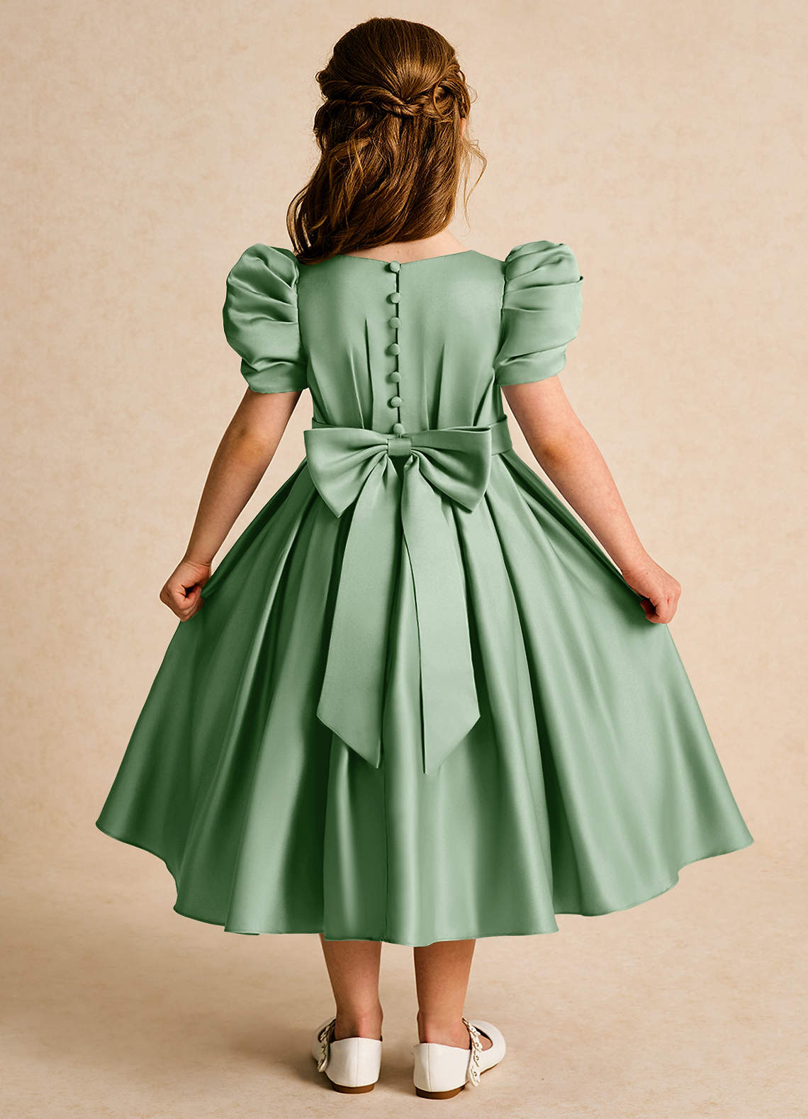 Azazie Miriam Abiti da Ragazza di Fiori Abito Principessa in Raso Opaco Plissettato Matcha image1