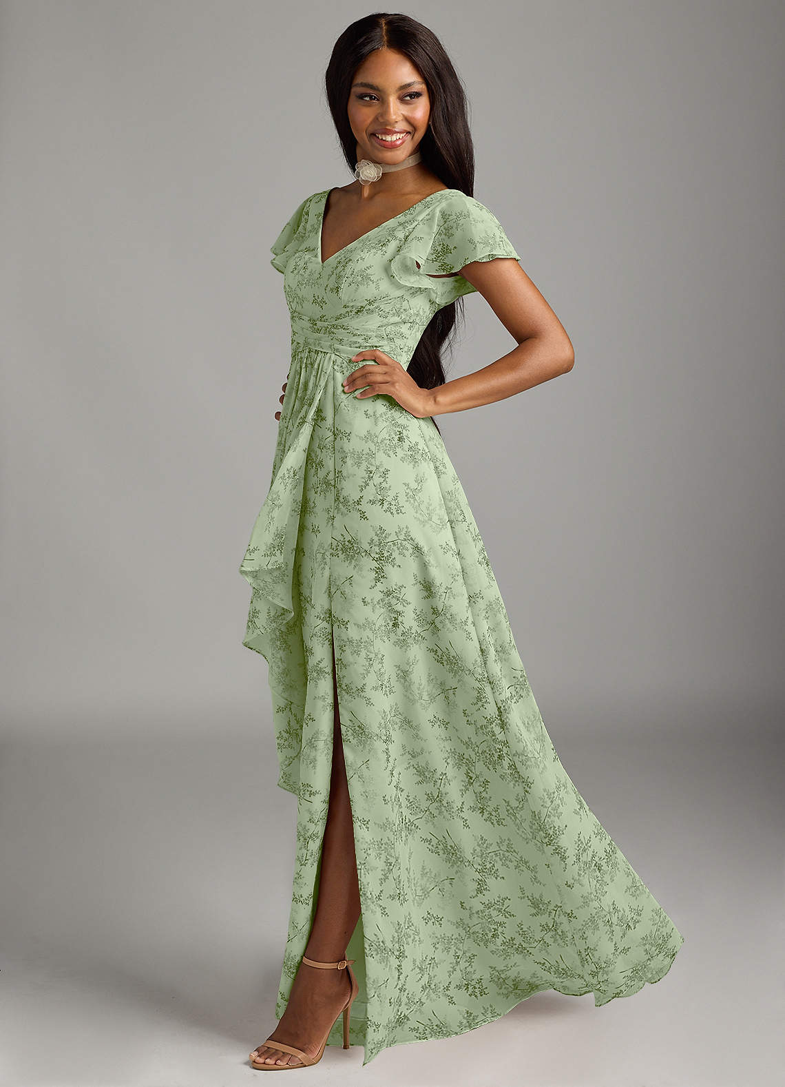 Azazie Omari Bridesmaid Dresses Green Fern Floral A-Line Chiffon Dress image3