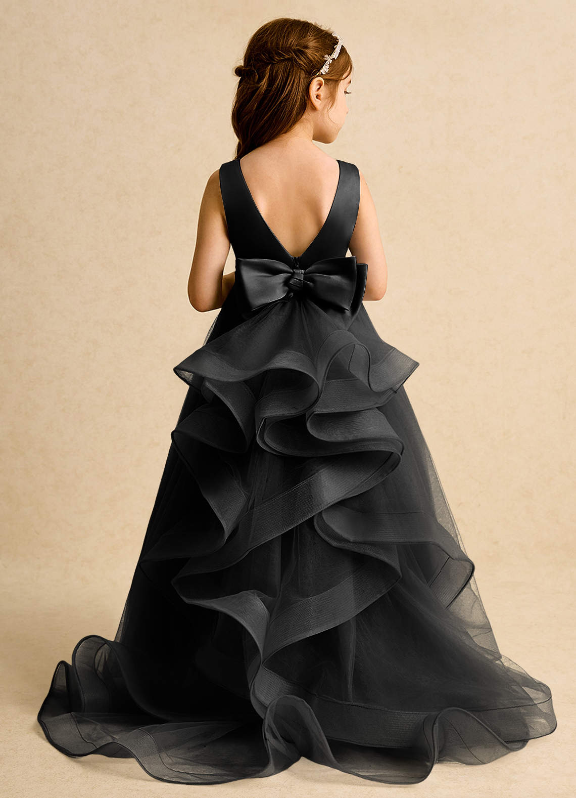 Azazie Lior Robe Demoiselle D'honneur Fillette Robe Princesse en Tulle Plissée Noir image7