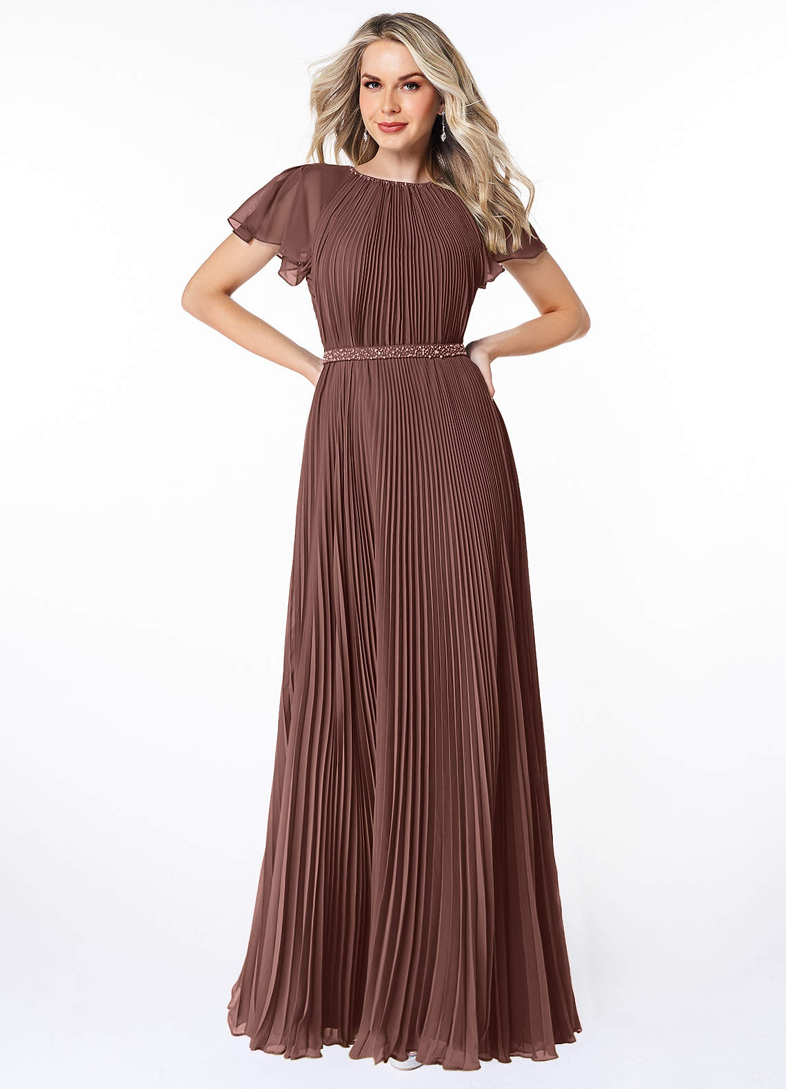 Azazie Kara Modest Bridesmaid Dresses A-Line Pleated Chiffon Floor-Length Dress image1
