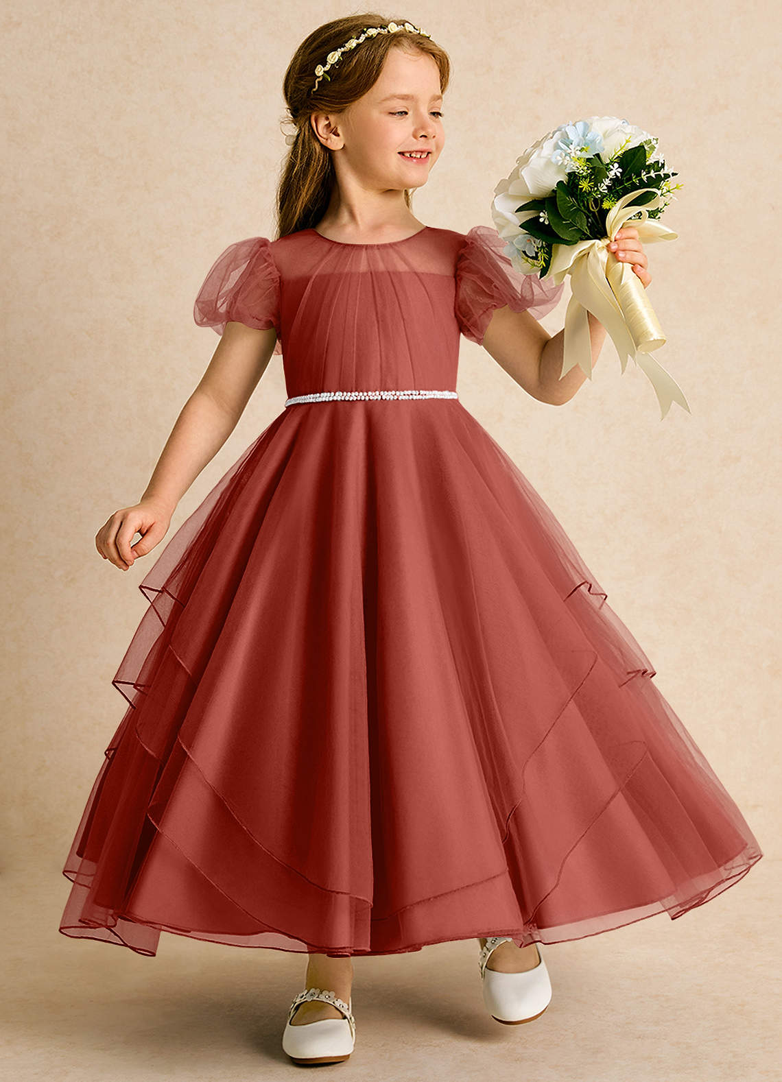 Azazie Duckie Flower Girl Dresses Terracotta Ball-Gown Pleated Tulle Dress image1