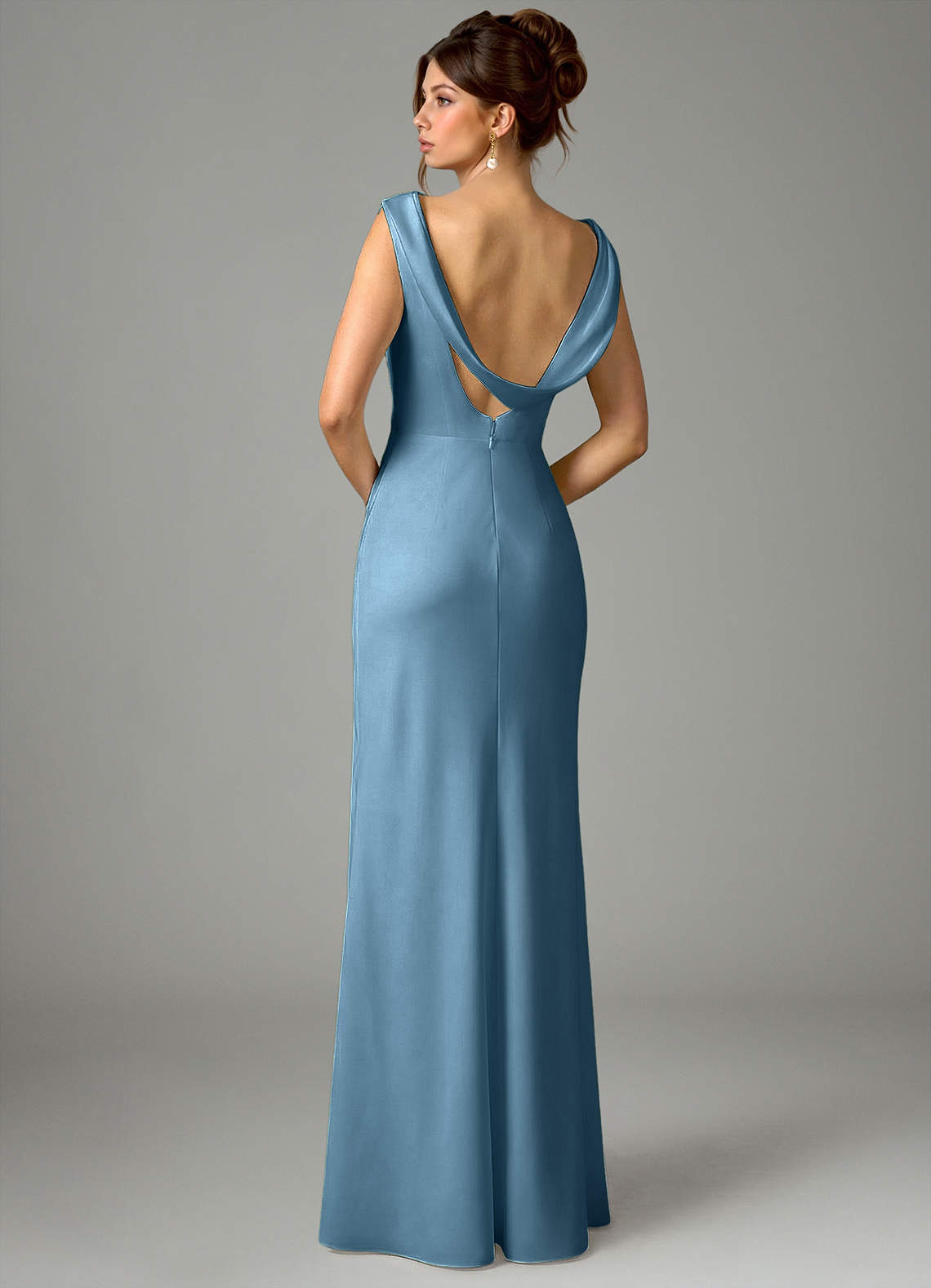 Azazie Kieryn Bridesmaid Dresses Steel Blue Mermaid Pleated Stretch Satin Dress image5