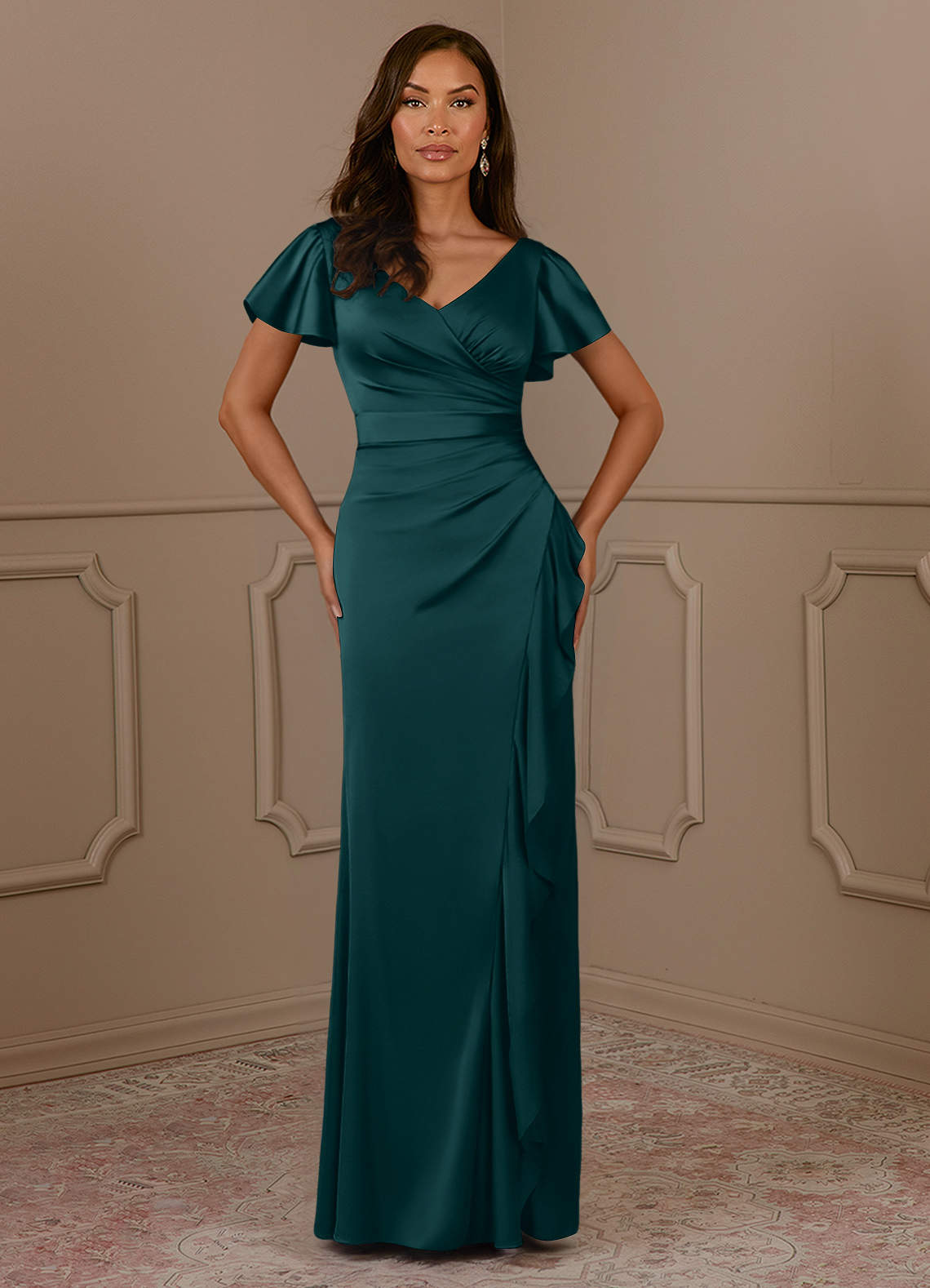 Azazie Roya Mother of the Bride Dresses Pine Mermaid V-Neck Pleated Stretch Satin Dress image1