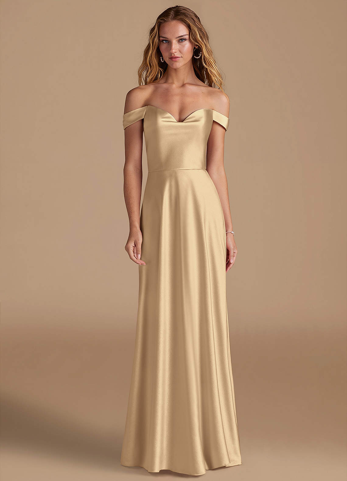 Azazie Jackalin Bridesmaid Dresses Champagne A-Line Off the Shoulder Metallic Satin Convertible Dress image1