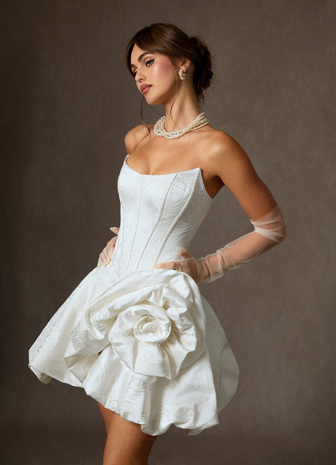 Azazie Kloe Abiti da Sposa Abito Principessa in Jacquard Floreale Senza Cinturino Bianco Diamante image5