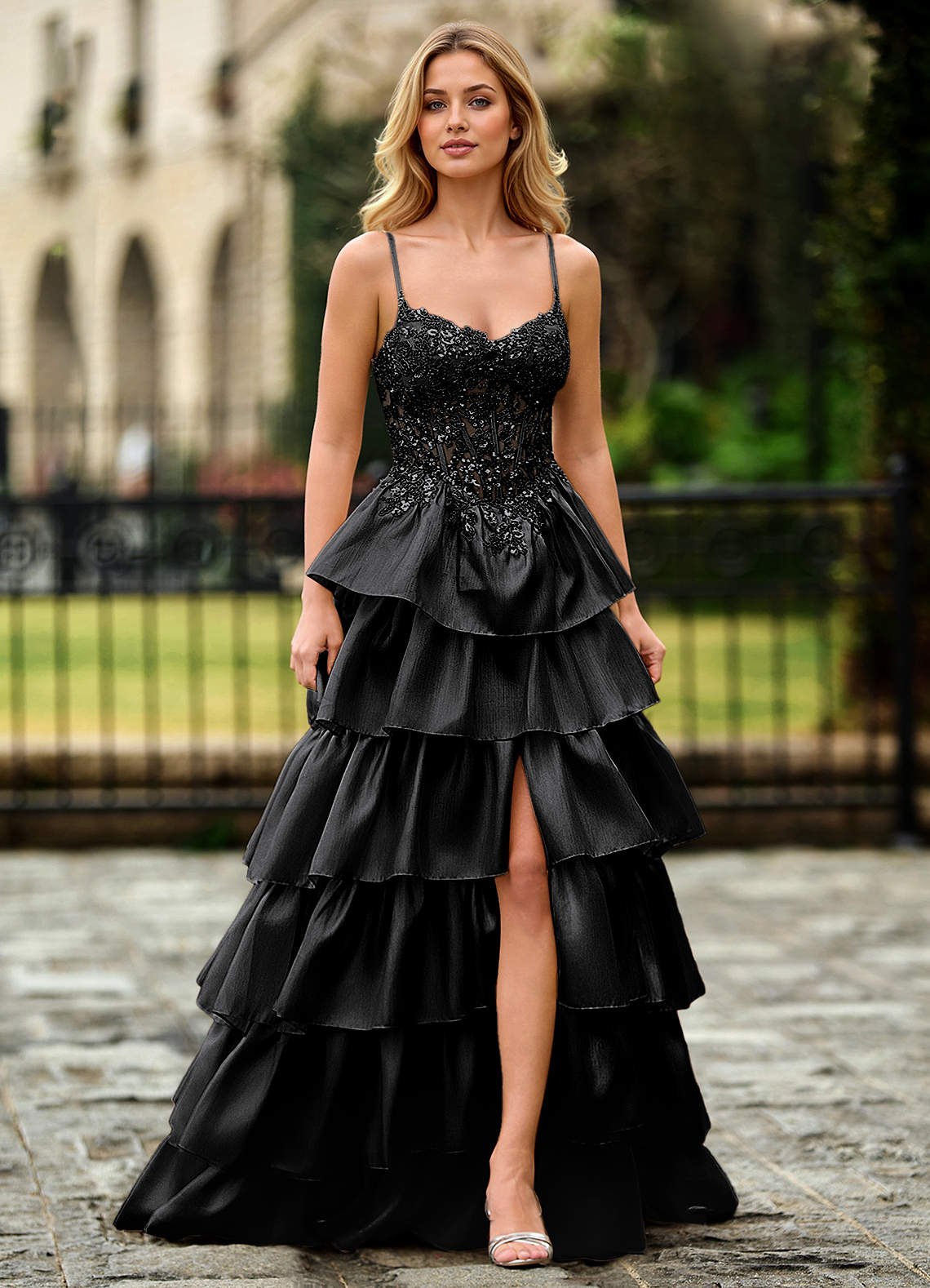 black ruffle corset dress Lace & Beads corset tulle ruffle hem midaxi dress in black
