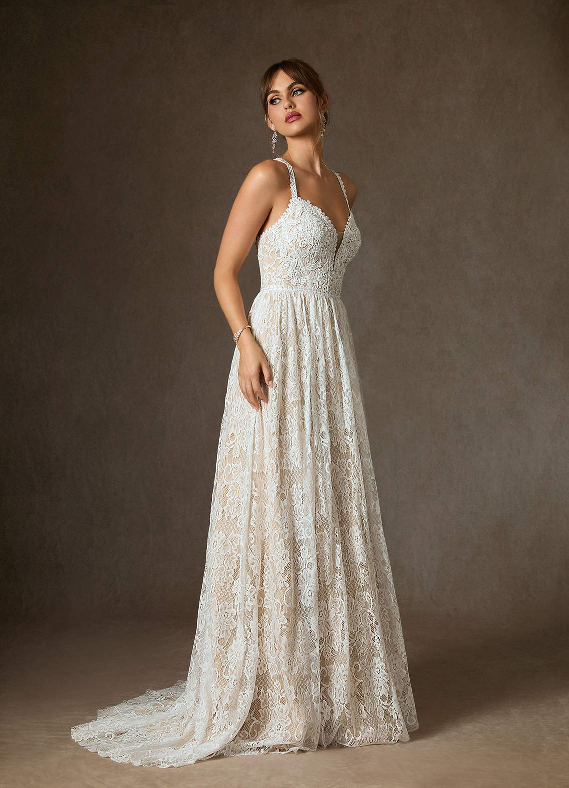 Azazie August Wedding Dresses Diamond White Champagne A-Line Lace Dress image2