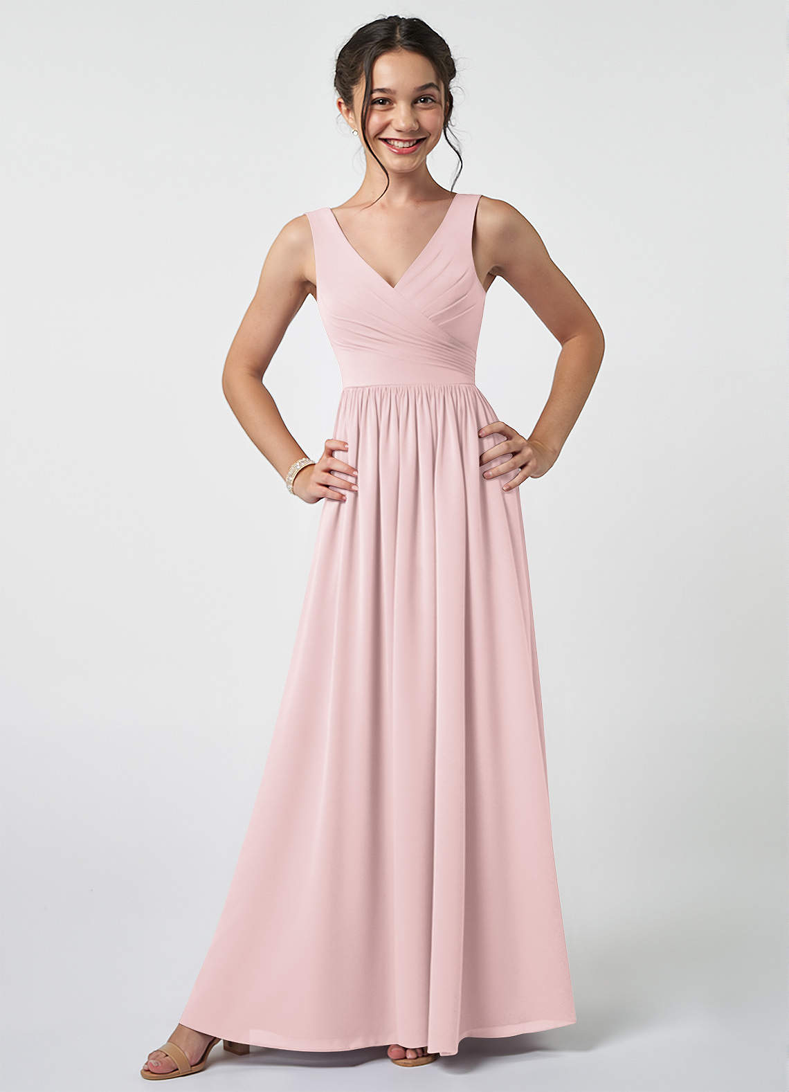 Azazie Keyla Junior Blushing Pink A-Line Pleated Chiffon Dress image1