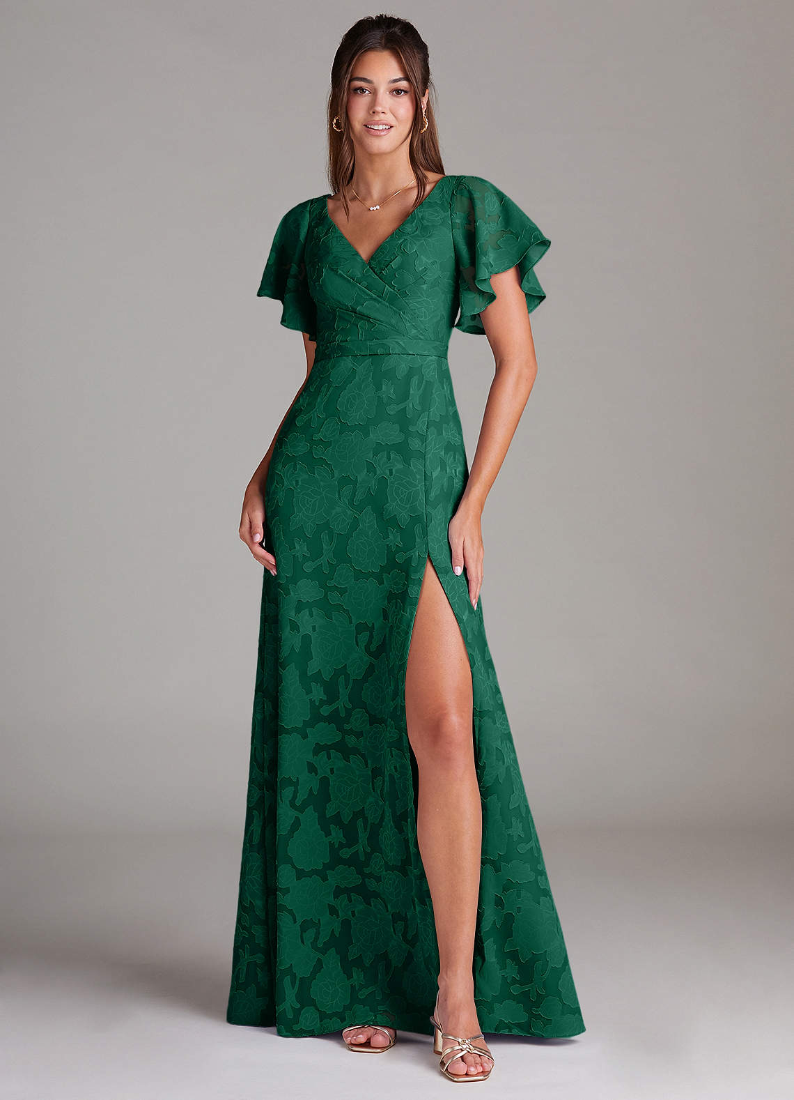 Azazie Ambrosia Bridesmaid Dresses Emerald A-Line Pleated Floral Burnout Dress image1