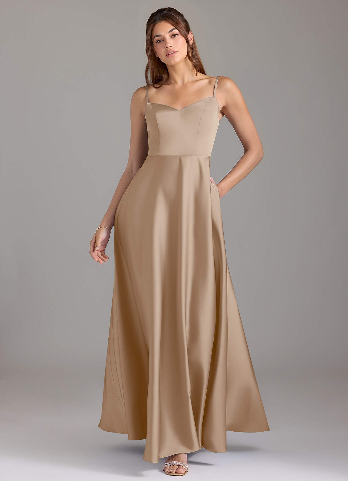 Azazie Marley Bridesmaid Dresses Taupe A-Line Off the Shoulder Stretch Satin Convertible Dress image1