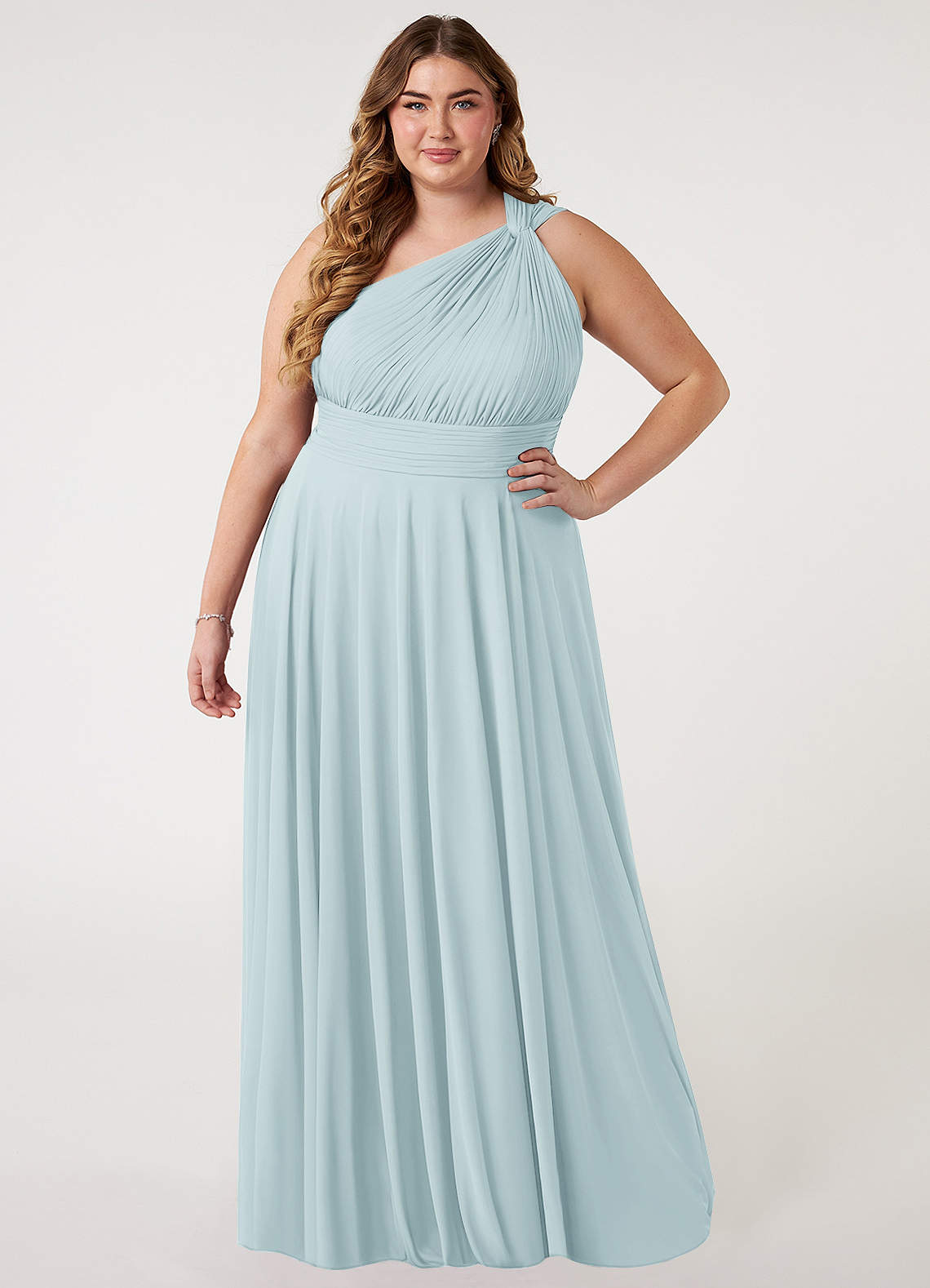 Azazie Charlize Bridesmaid Dresses Mist A-Line One Shoulder Mesh Dress image1