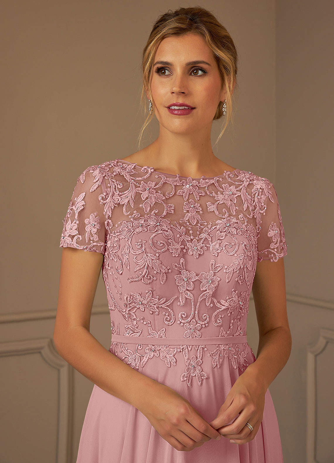 Azazie Adina Dusty Rose A-Line Boatneck Sequins Chiffon Dress