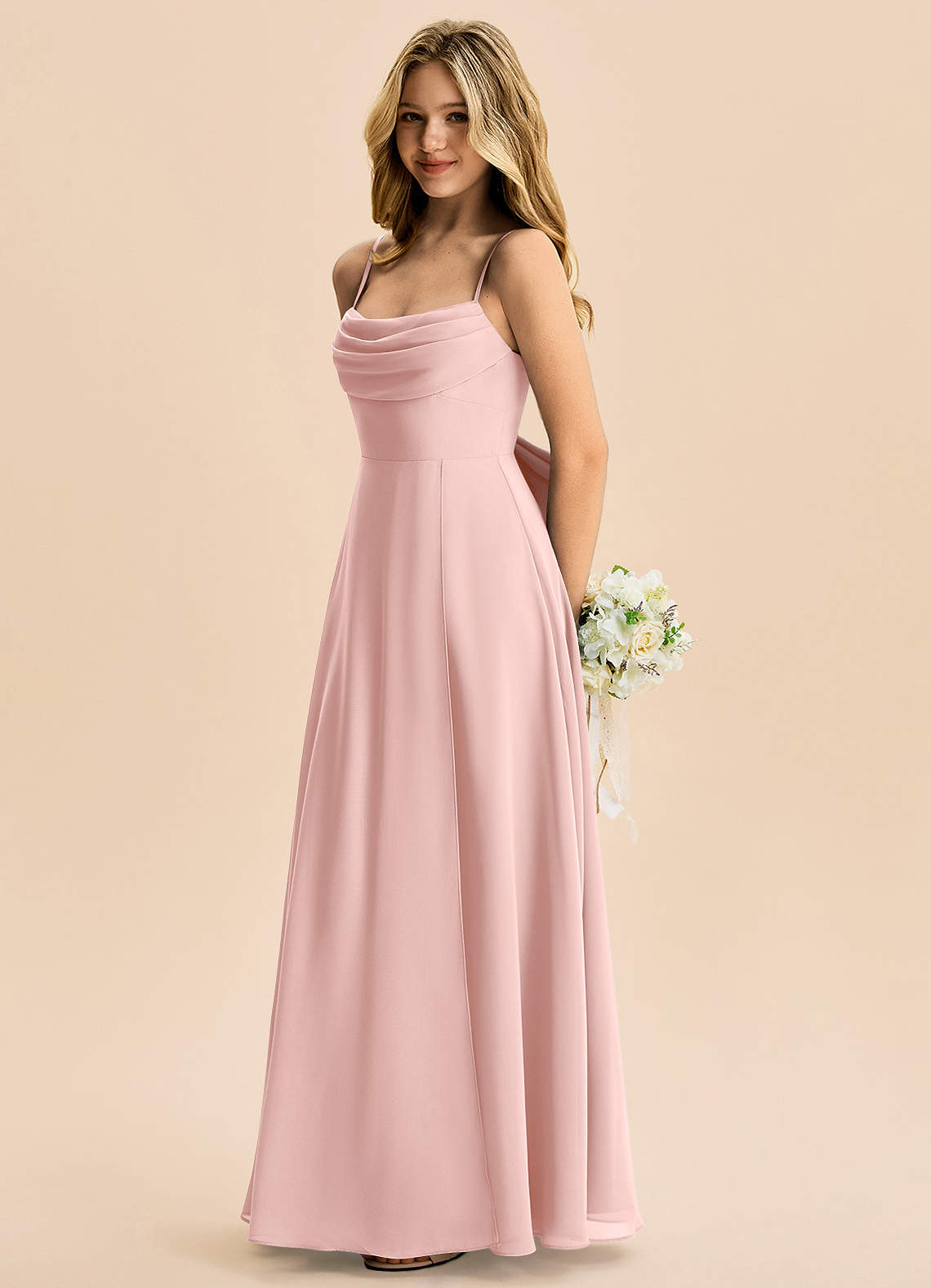 Azazie Bear Junior Jurk van Chiffon met A-Lijn Geplooid Poederroze image4