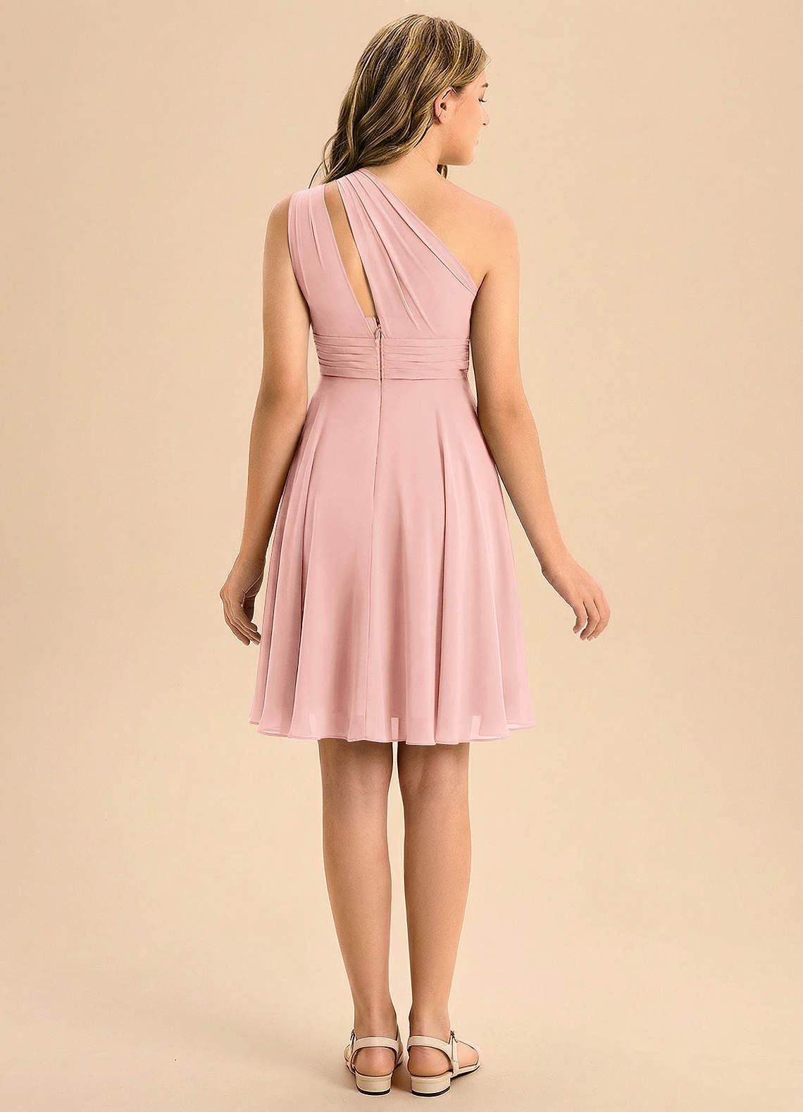 Azazie Charlize Junior Robe Trapèze en Mousseline de soie Plissée Rosette image1