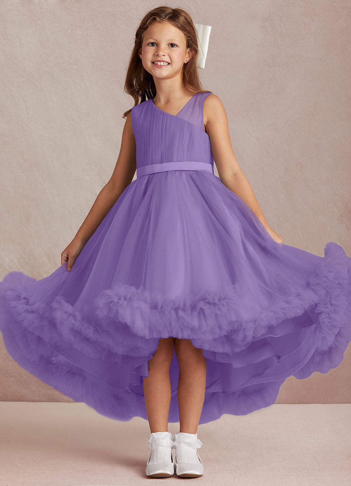 Azazie Lottie Flower Girl Dresses Tahiti A-Line One Shoulder Satin Dress image1