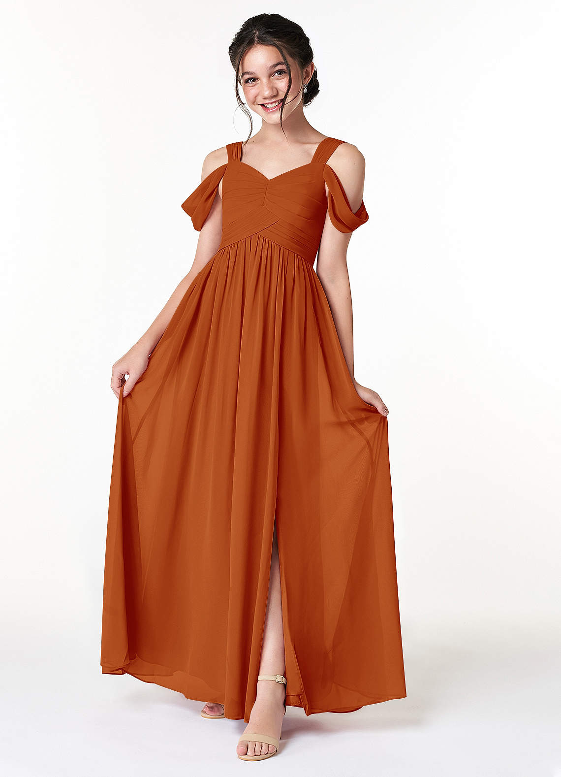 Azazie Lianne Junior Paprika A-Line Off the Shoulder Chiffon Dress image1