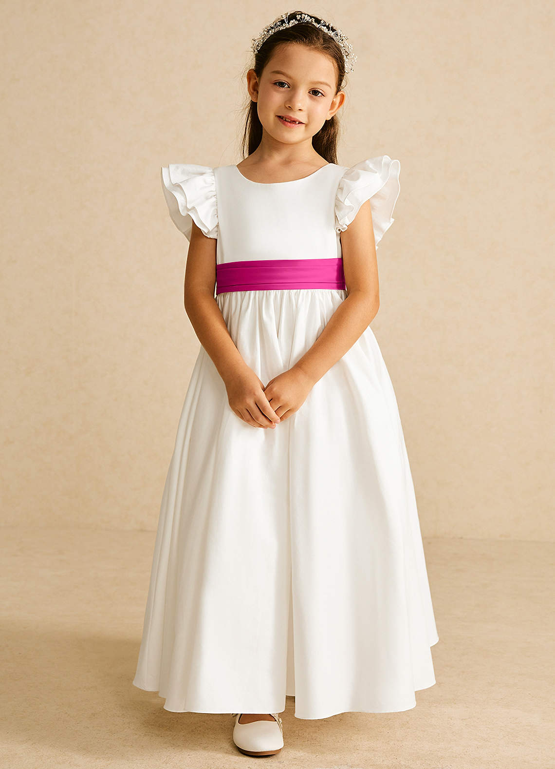Azazie Aero Robe Demoiselle D'honneur Fillette Robe Trapèze en Coton Plissée Ivoire Fuchsia image3