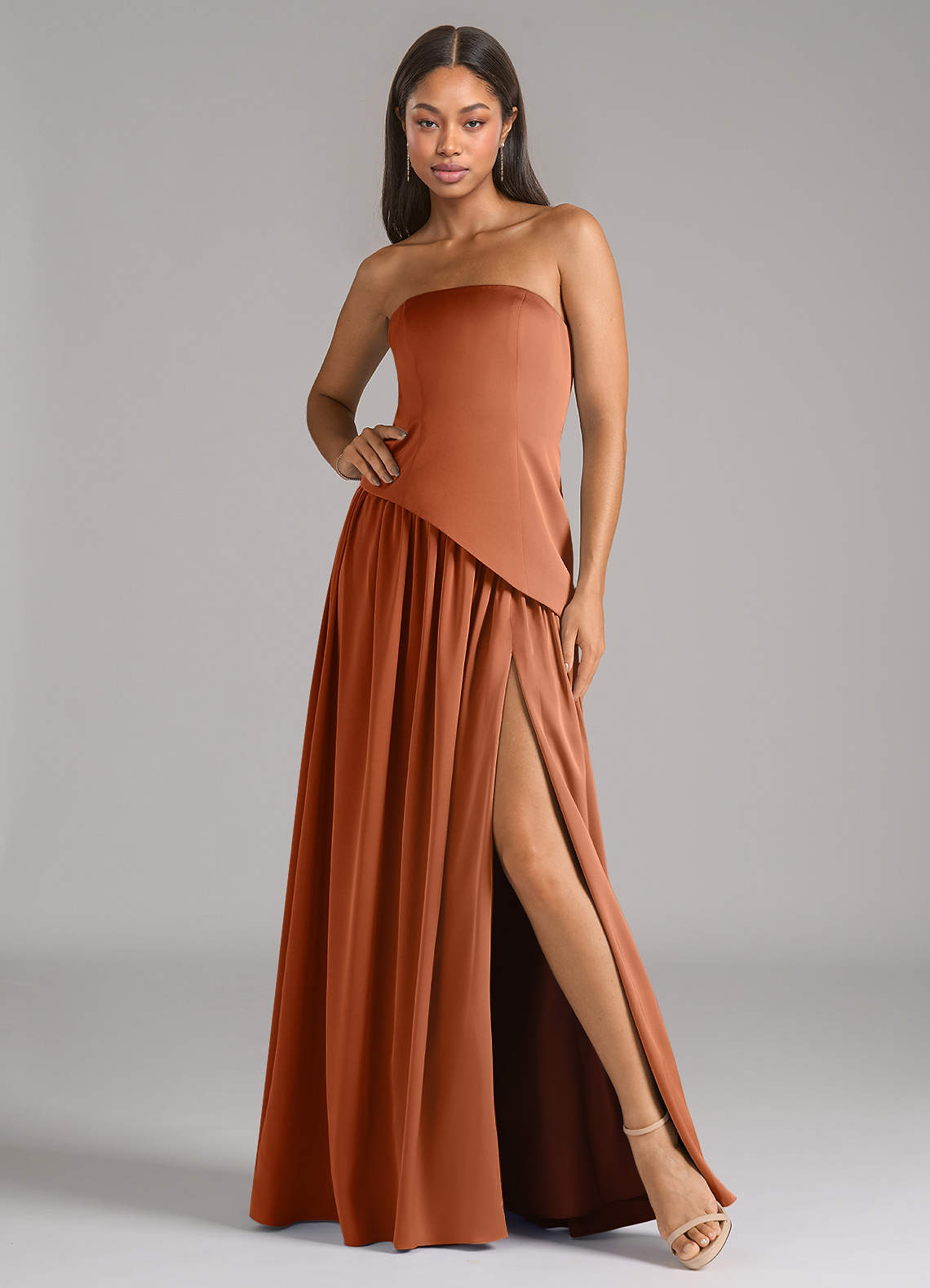 Azazie Adeline Brautjungfernkleider Wandelbar A-Linie Schulterfrei Stretch-Satin Kleid Kupfer image1