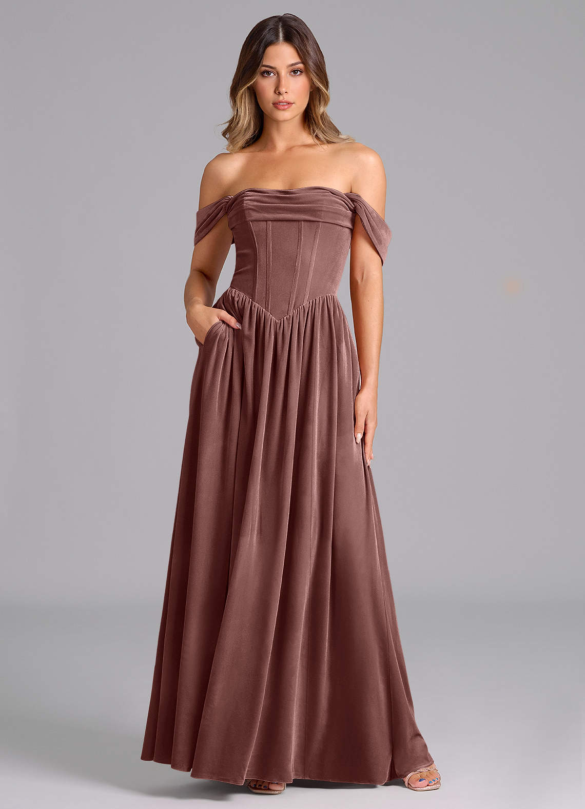 Azazie Hattie Bridesmaid Dresses Espresso A-Line Ruched Velvet Dress image1