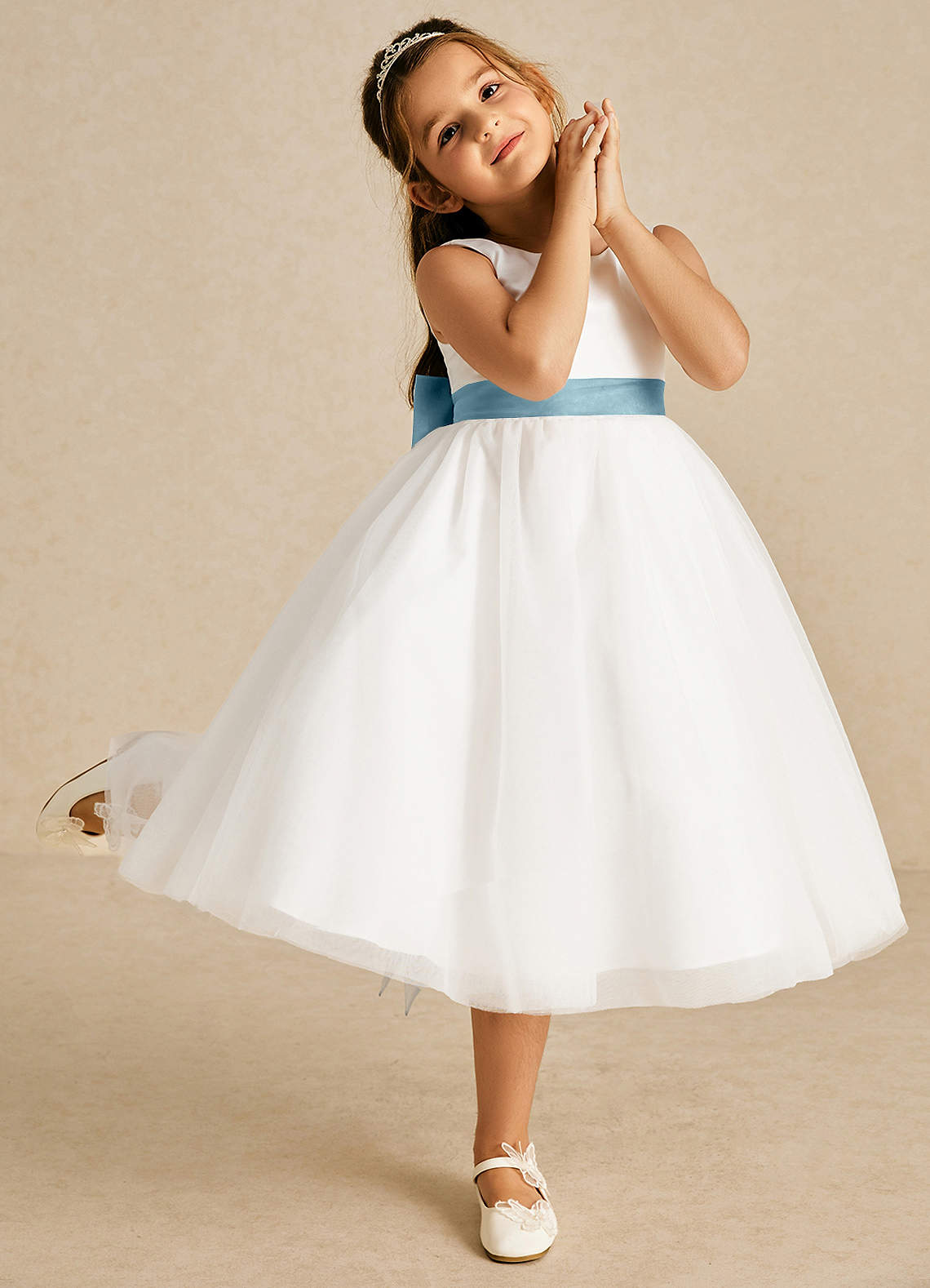 Azazie Kavi Flower Girl Dresses Ivory Moody Blue A-Line Bow Matte Satin Dress image4